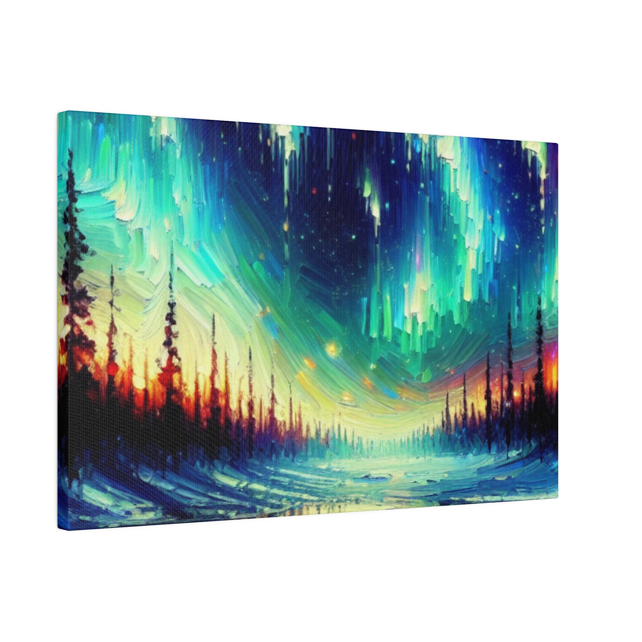 Northern Lights Painting | Northern Forest Sky Scene | Winter Artwork Canvas