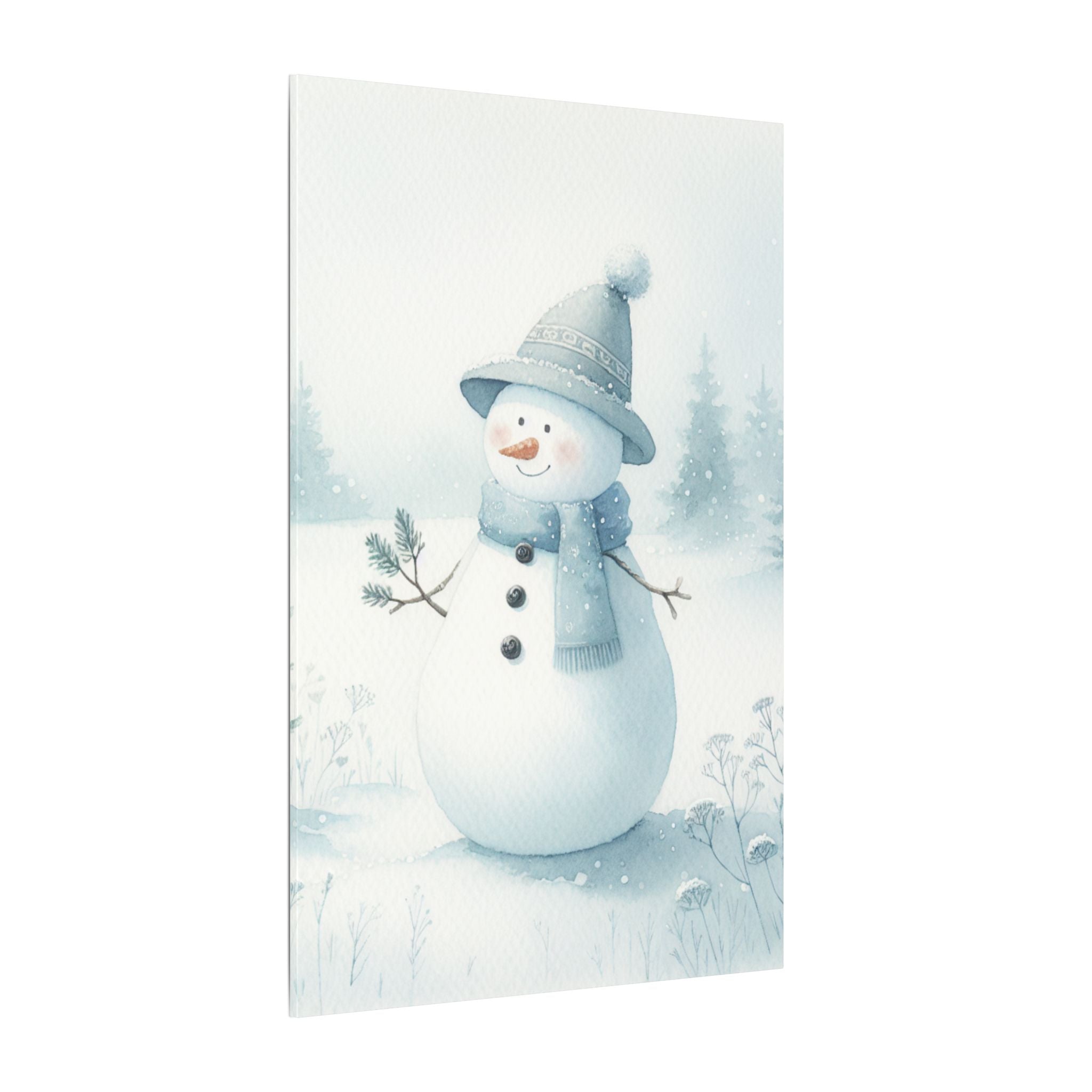 Snowman in a Winter Field Watercolor Canvas