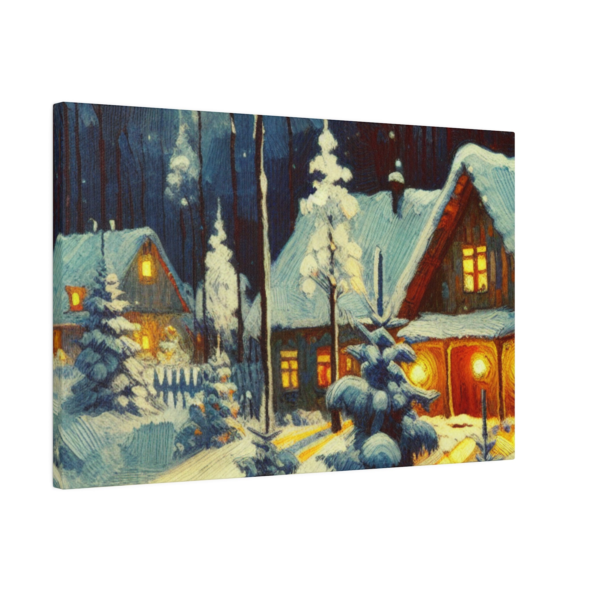 Warm Cabin Village Snowscape Winter Painting Canvas