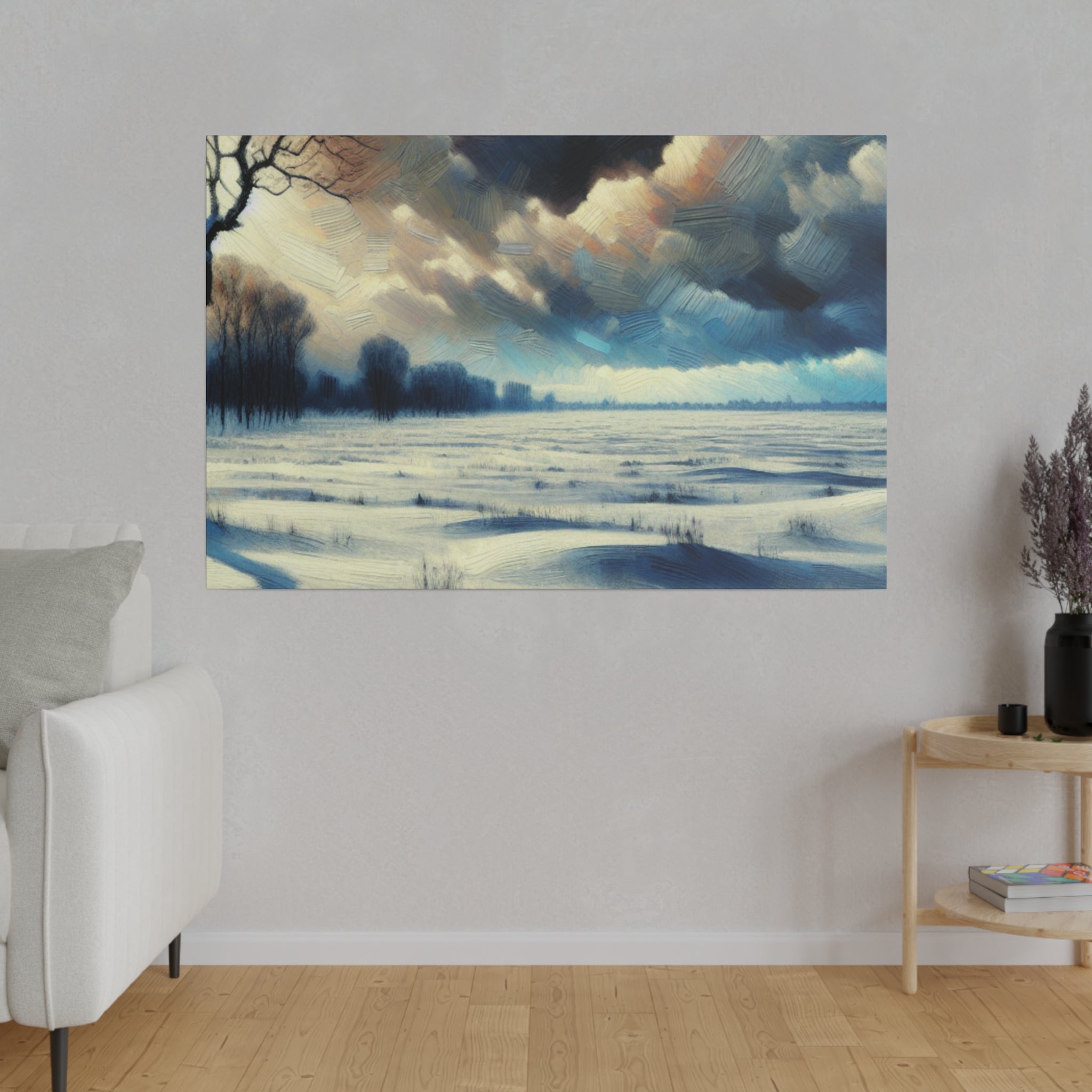 Snowscape Painting | Snowy Farmland Field Scene | Winter Artwork Canvas