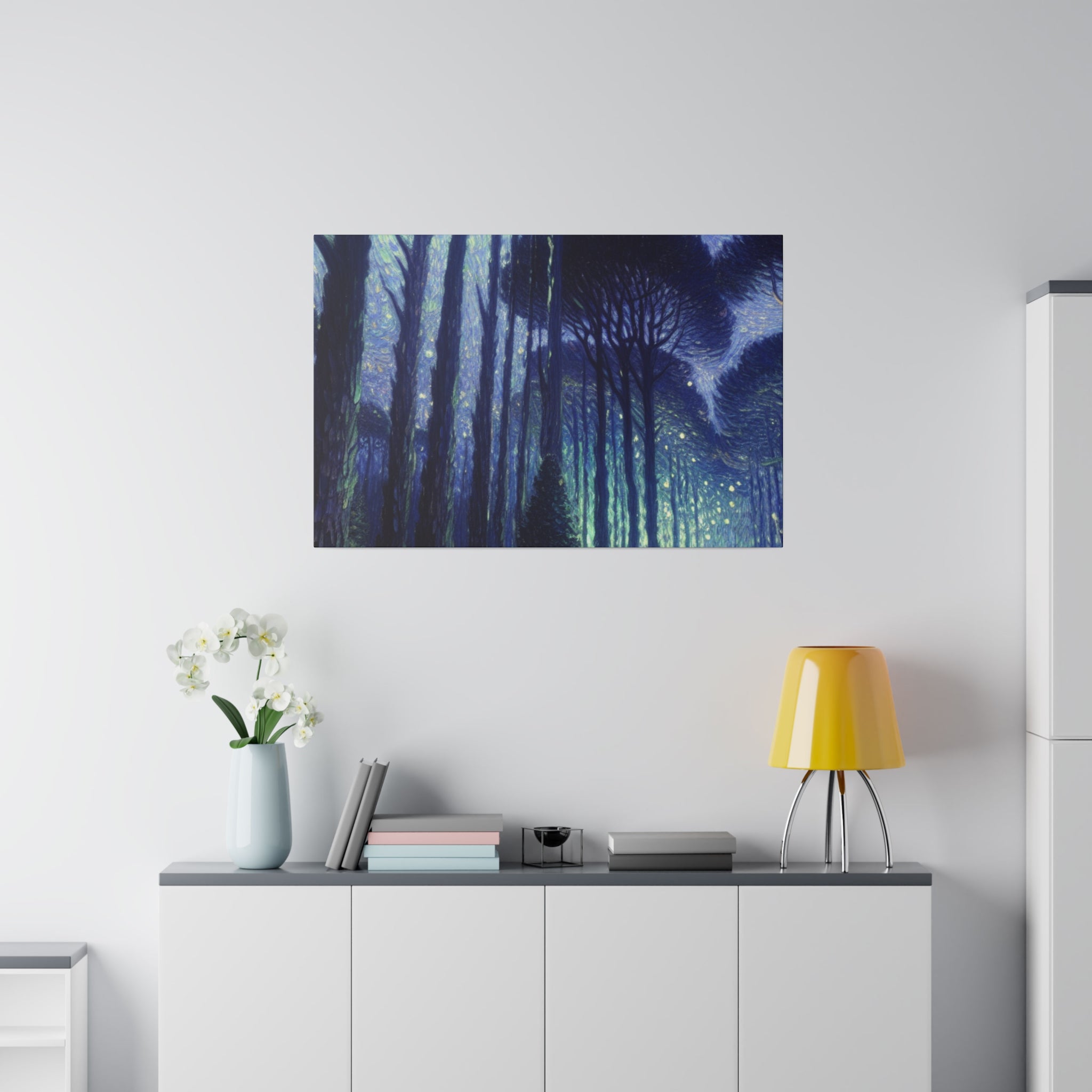 Blue Dark Night Forest Painting Canvas