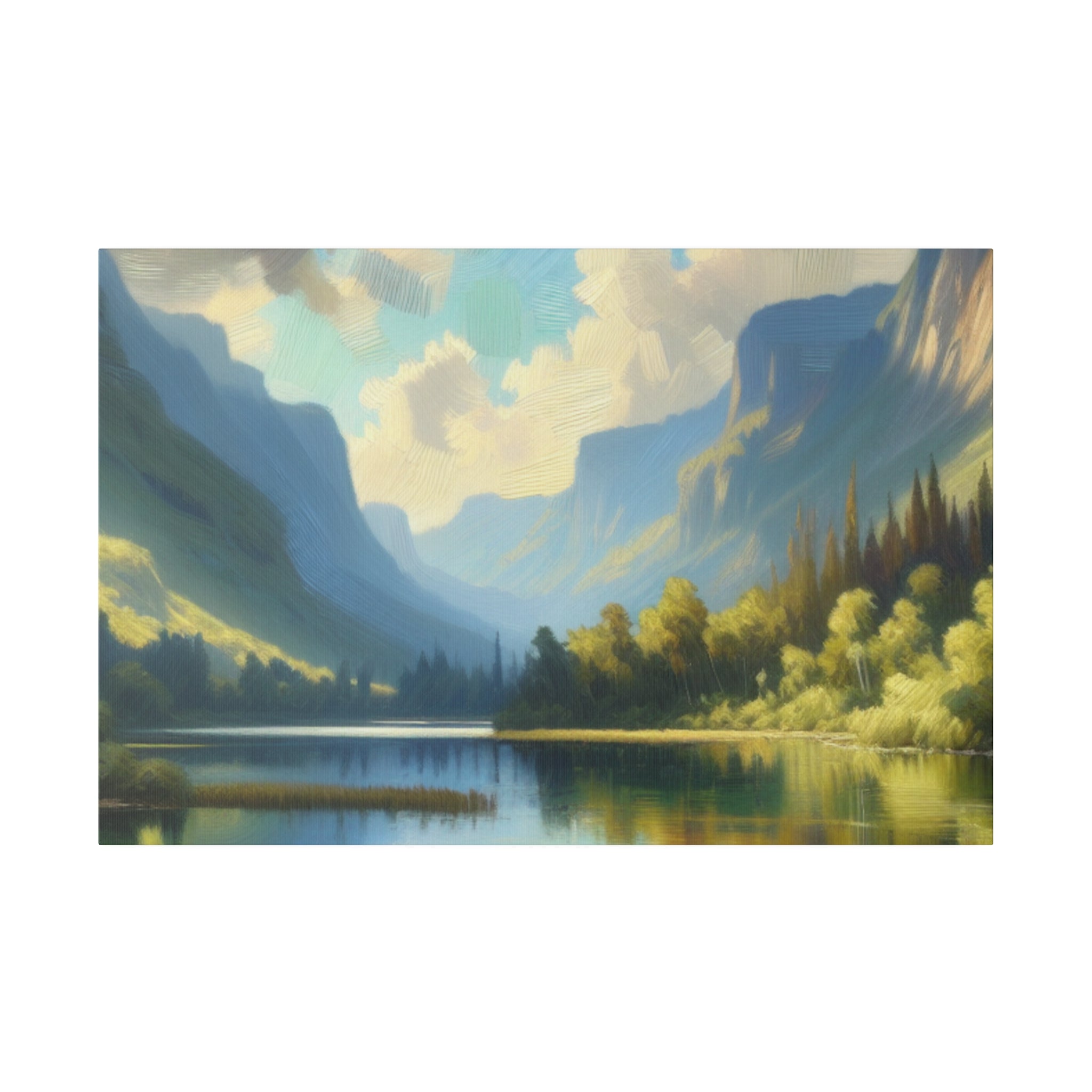 Serene Mountainous Still Water Lake Painting Canvas