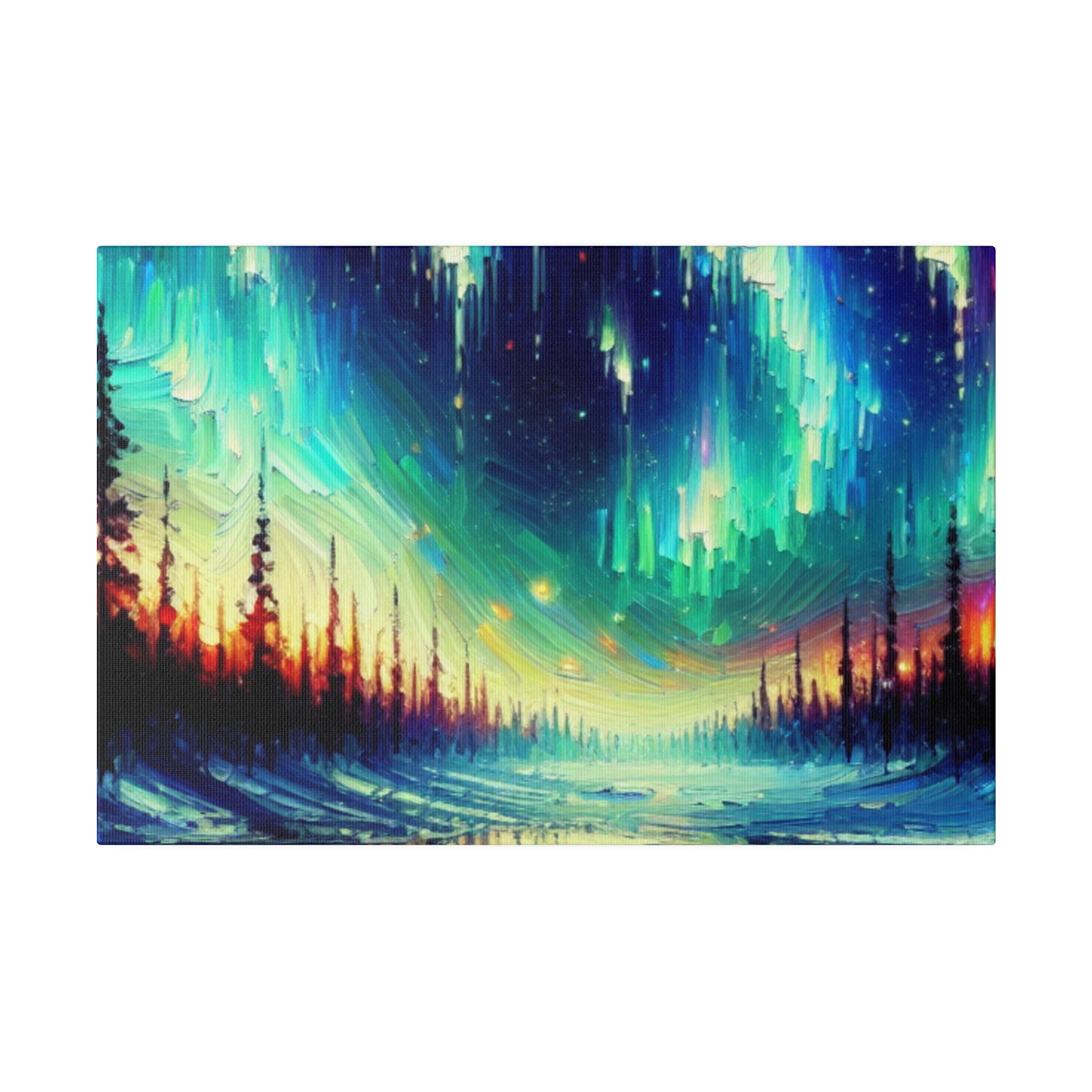 Northern Lights Painting | Northern Forest Sky Scene | Winter Artwork Canvas