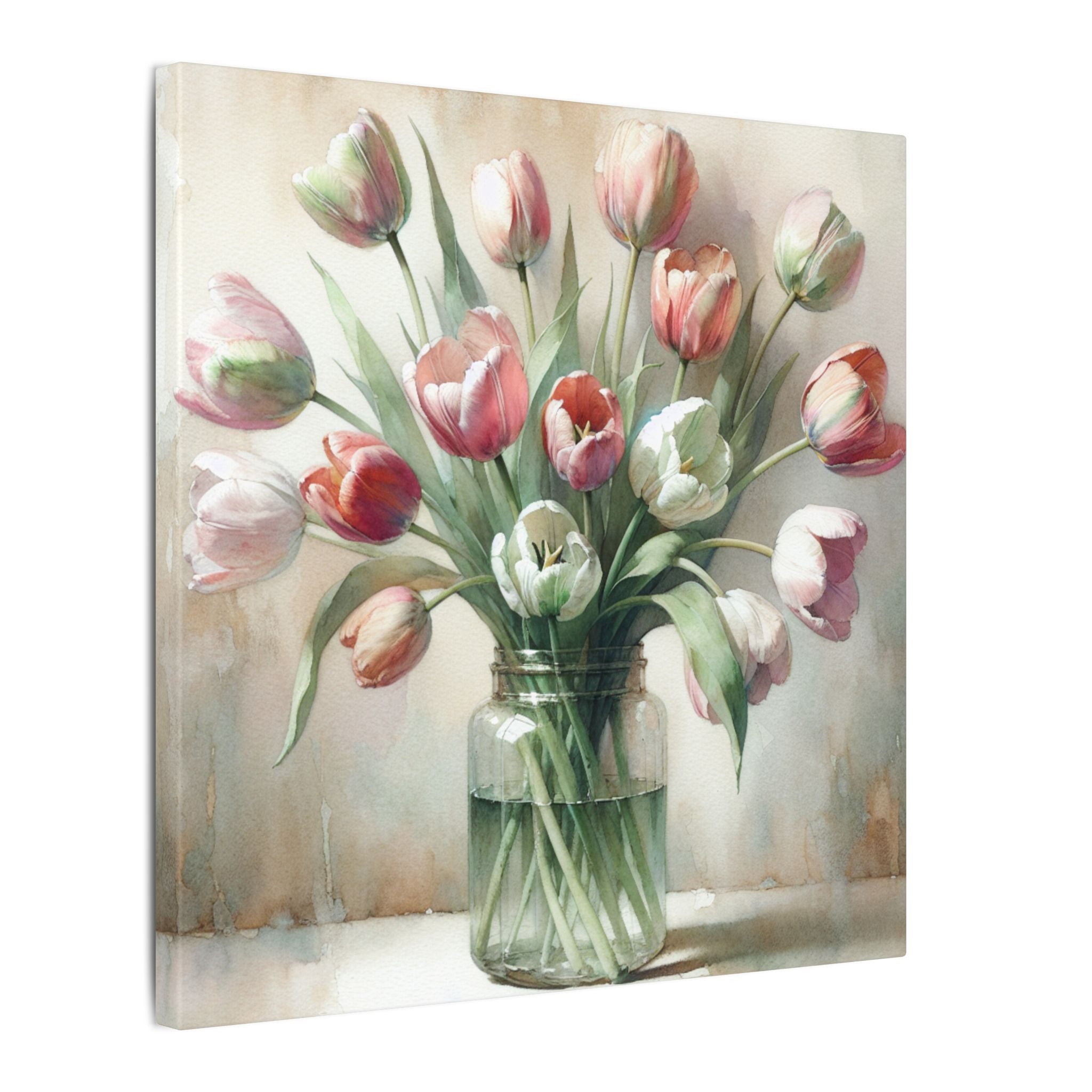 Tulips in Glass Jar Watercolor Canvas