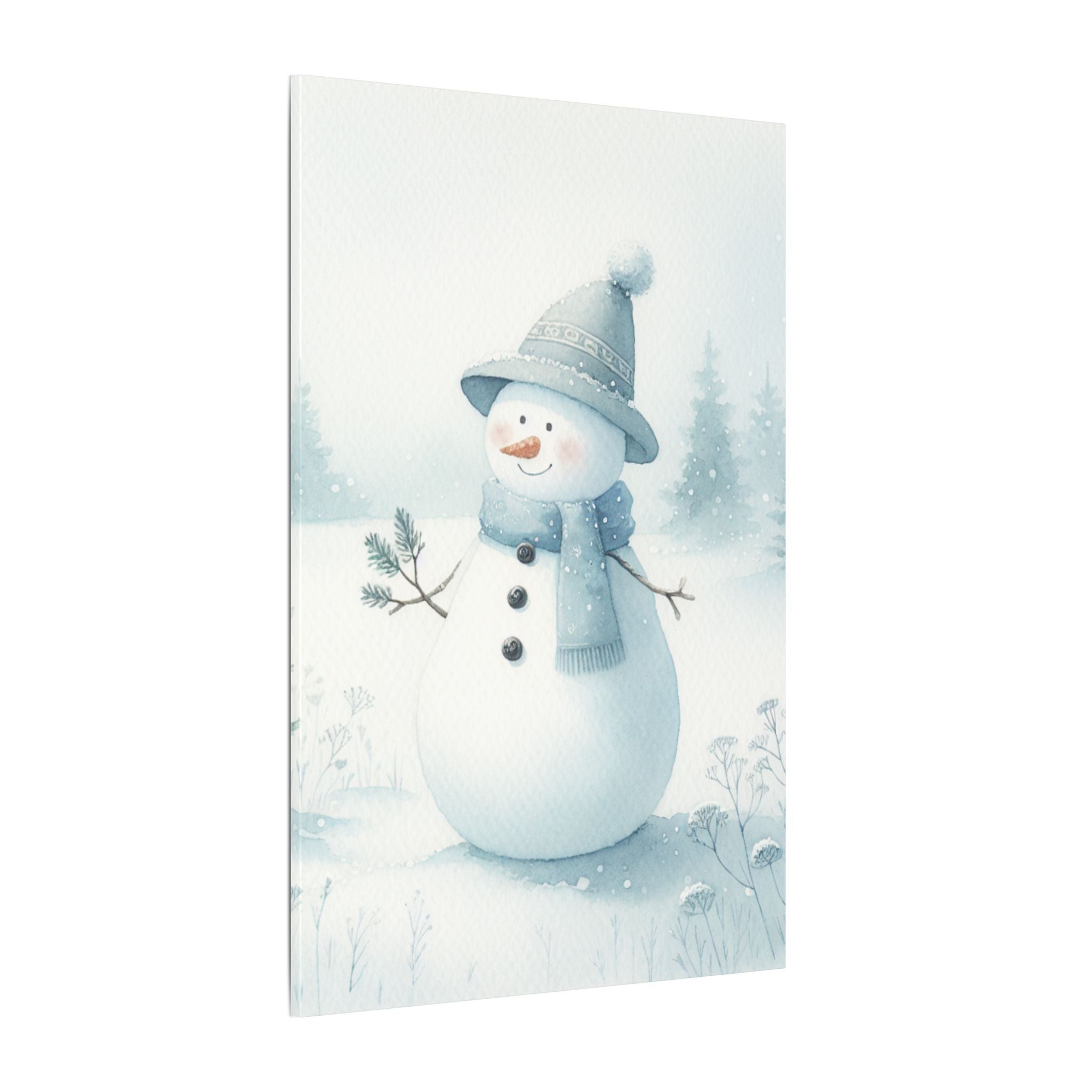 Snowman in a Winter Field Watercolor Canvas