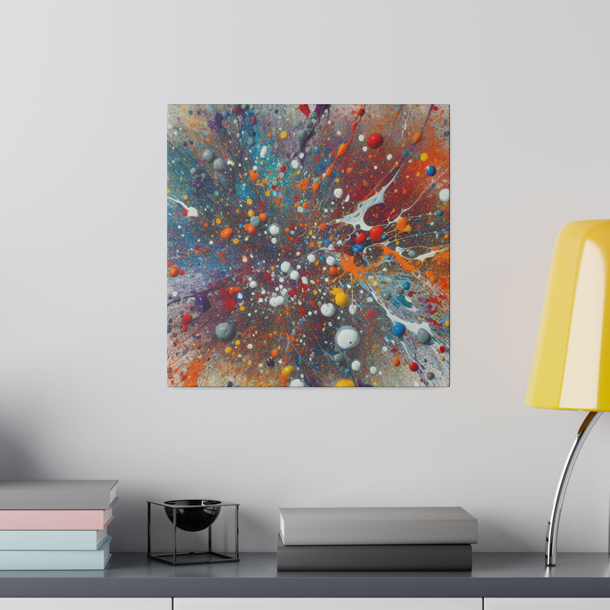 Vibrant Abstract Splatter Blue Red Yellow Black Hues Abstract Painting Canvas