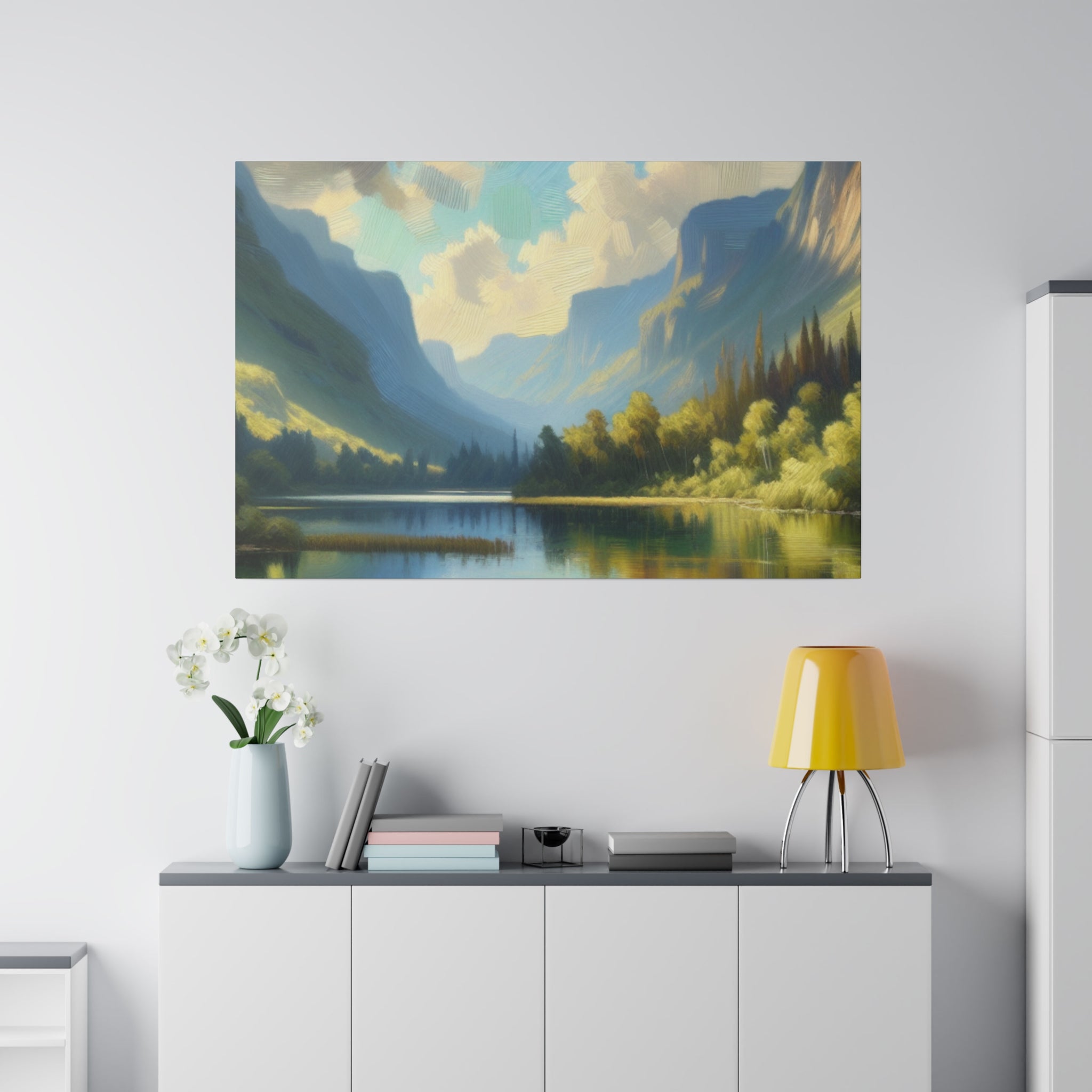 Serene Mountainous Still Water Lake Painting Canvas