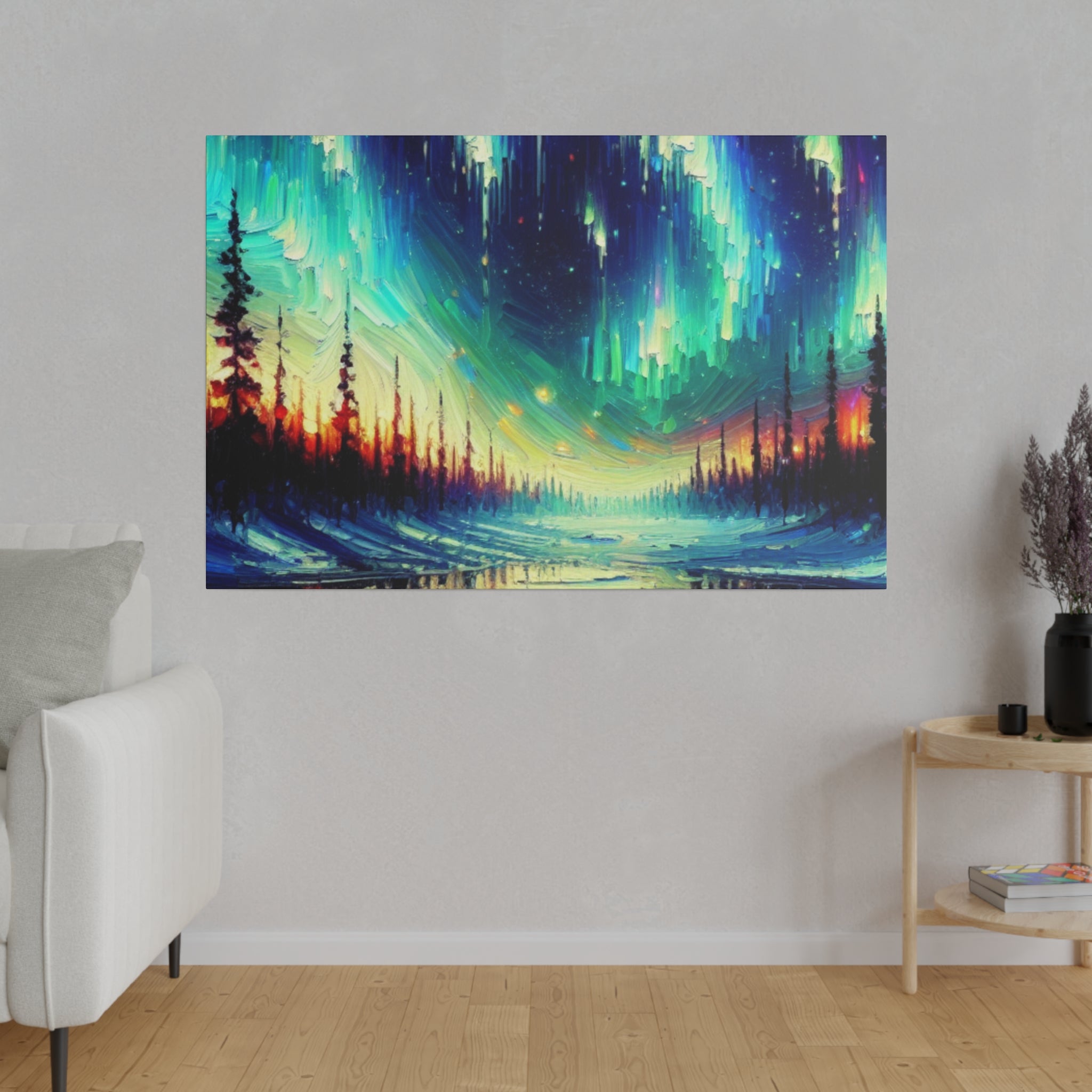 Northern Lights Painting | Northern Forest Sky Scene | Winter Artwork Canvas