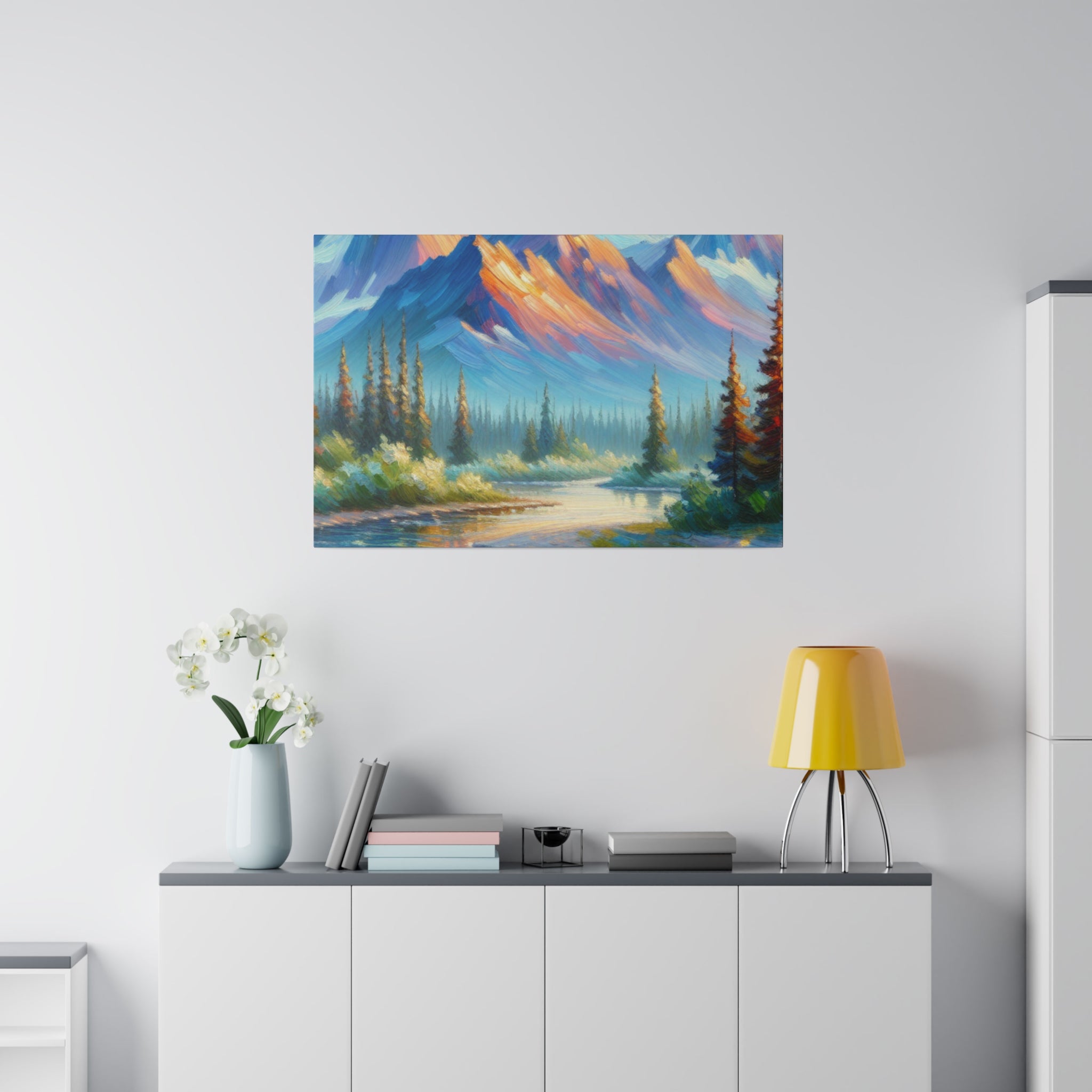 Majestic Peaks River Mountain Landscape Painting Canvas