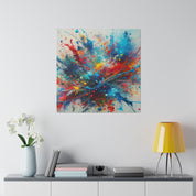 Bold Blue and Vibrant Red Splatter Explosion Abstract Wall Art Canvas