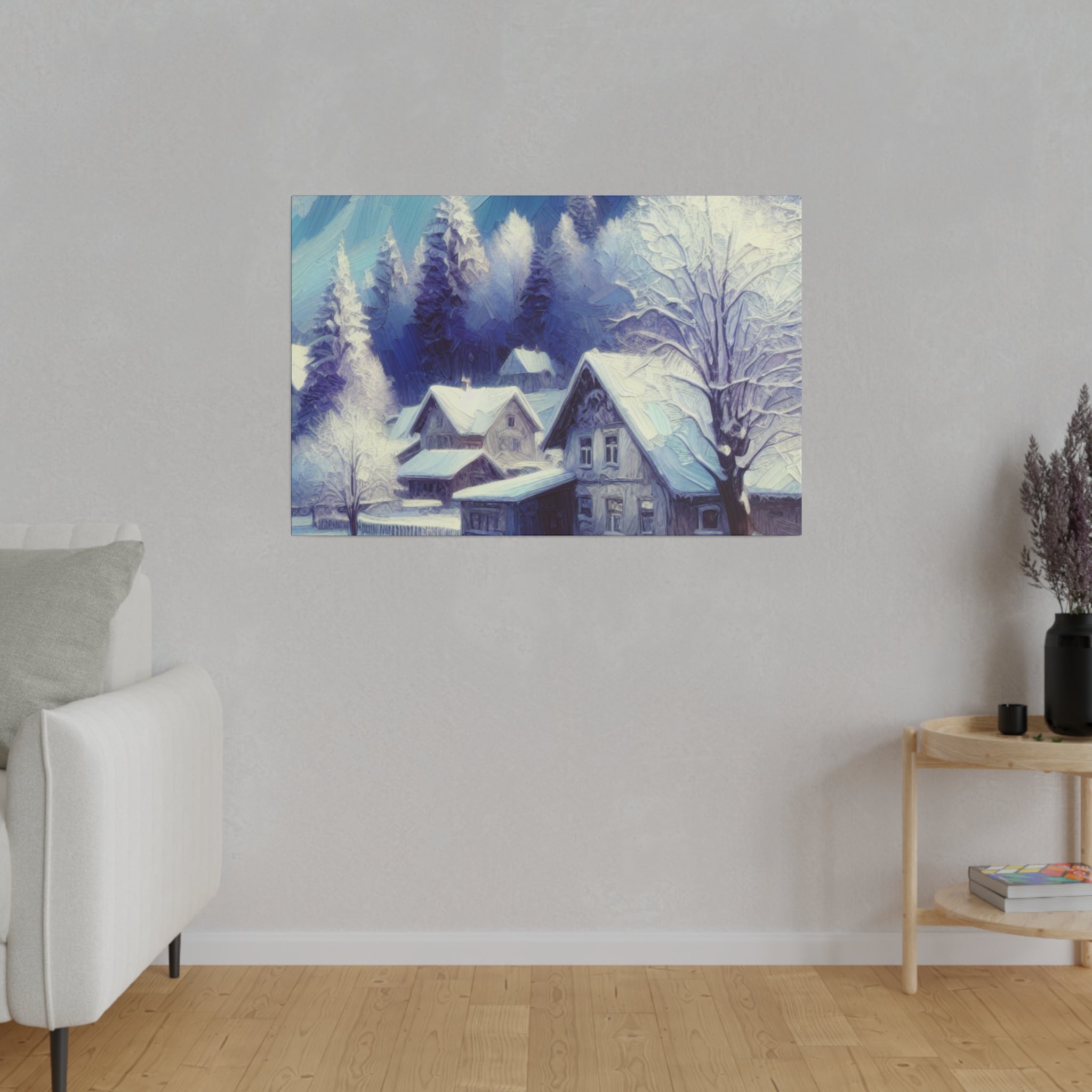 Winter Cabin Purple Blue Expressionist Winter Painting Canvas