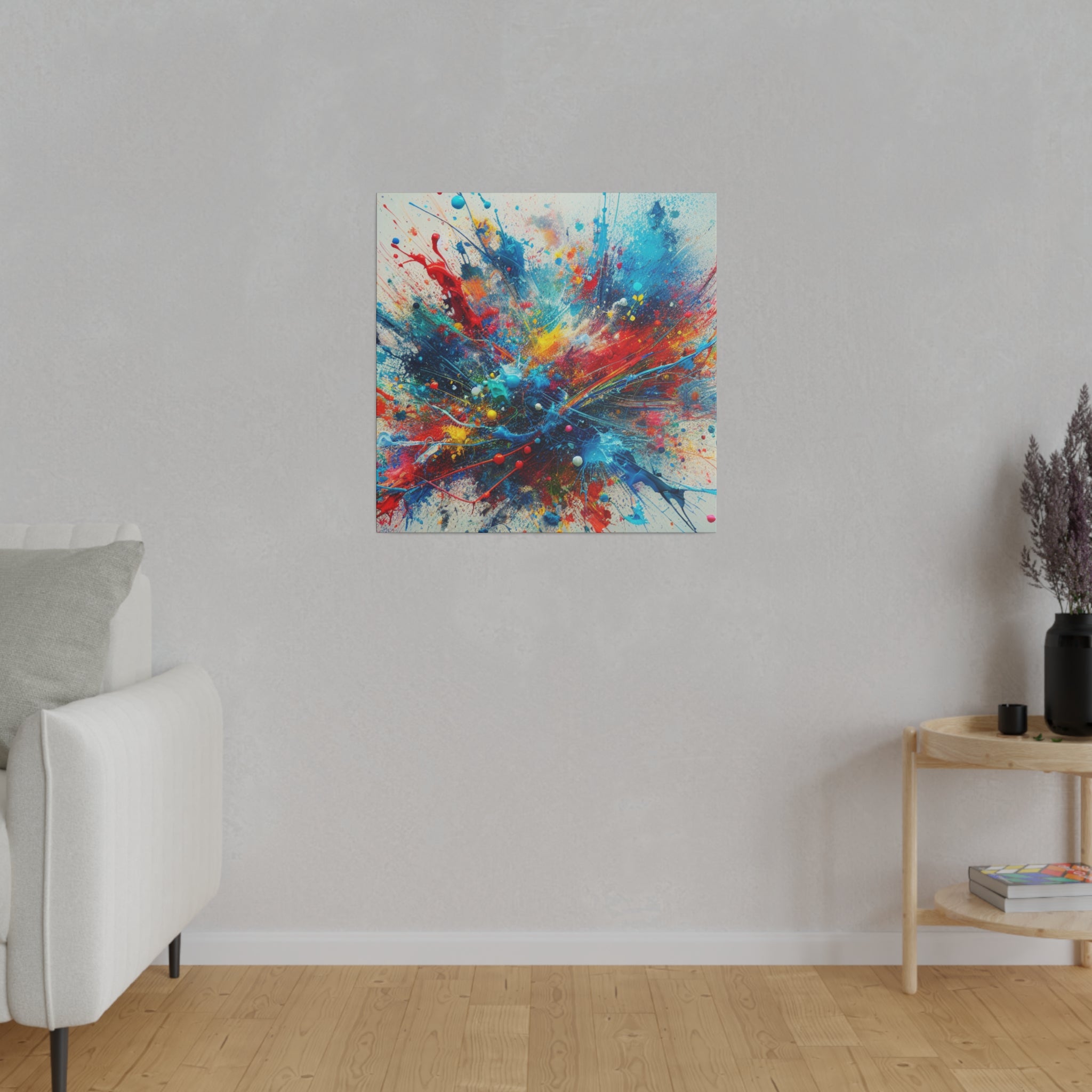 Bold Blue and Vibrant Red Splatter Explosion Abstract Wall Art Canvas