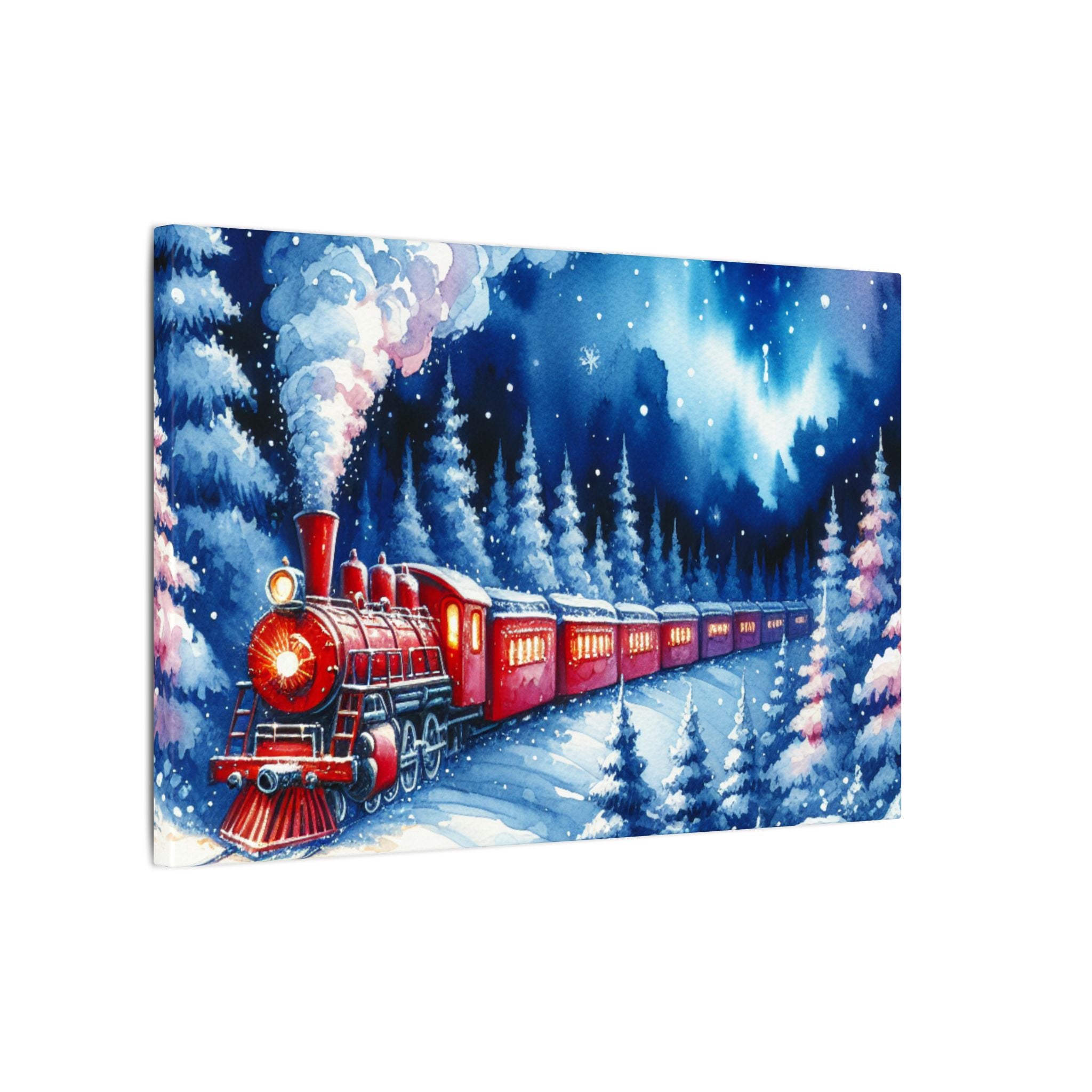 Red Train in Winter Night Forest Canvas