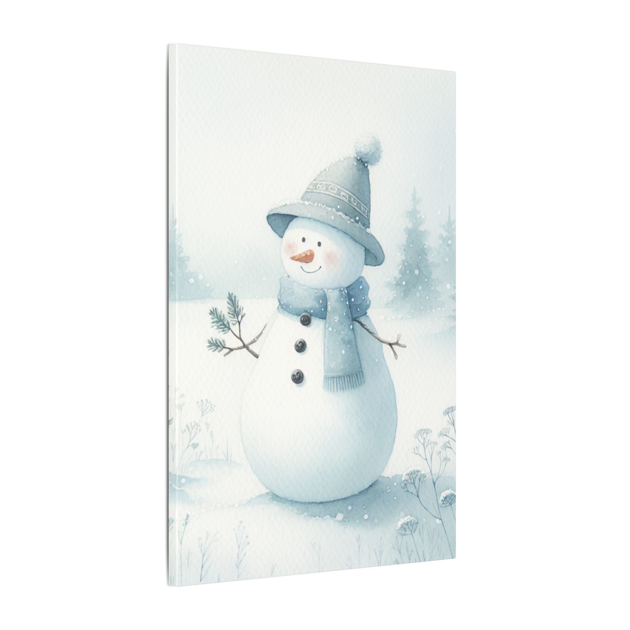 Snowman in a Winter Field Watercolor Canvas