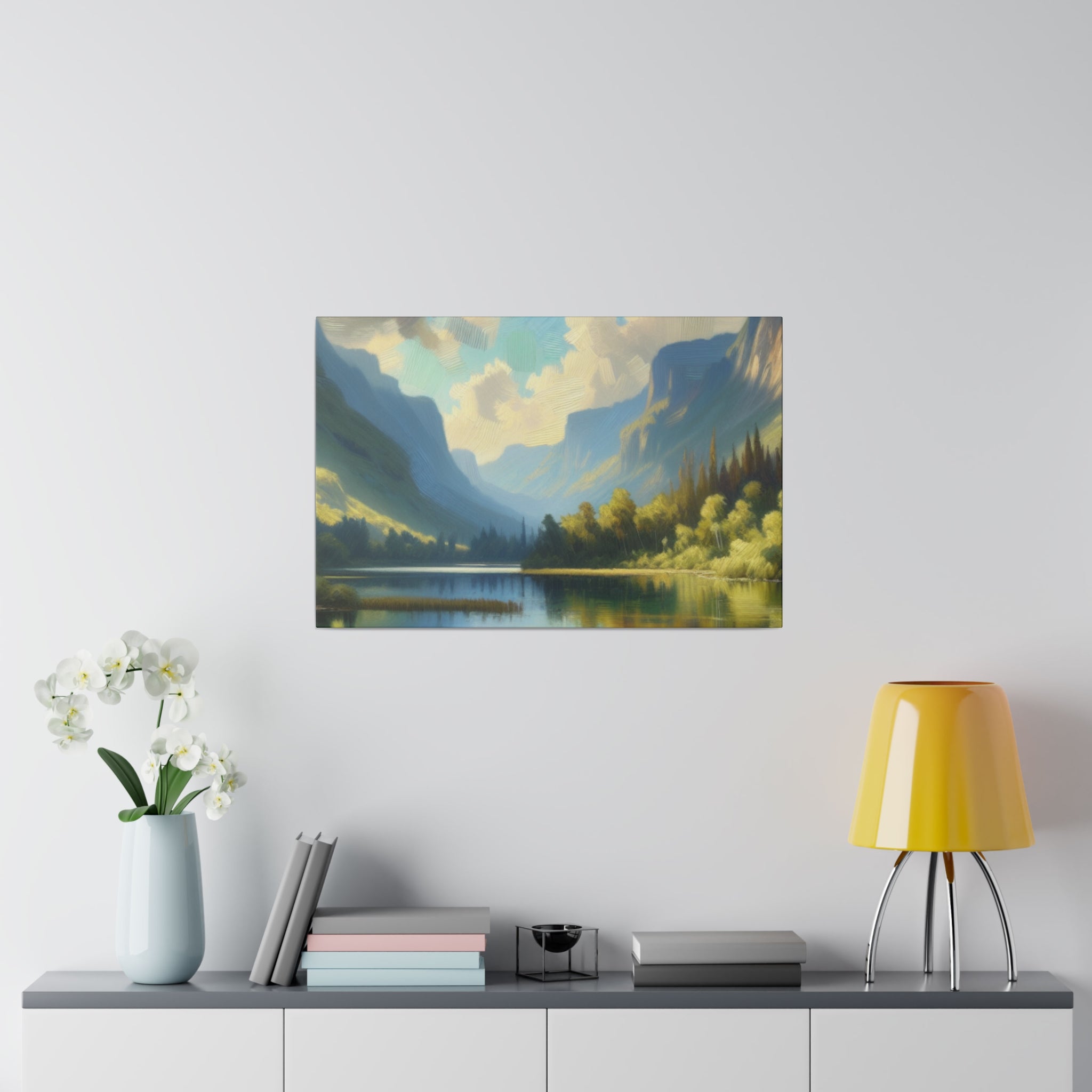 Serene Mountainous Still Water Lake Painting Canvas