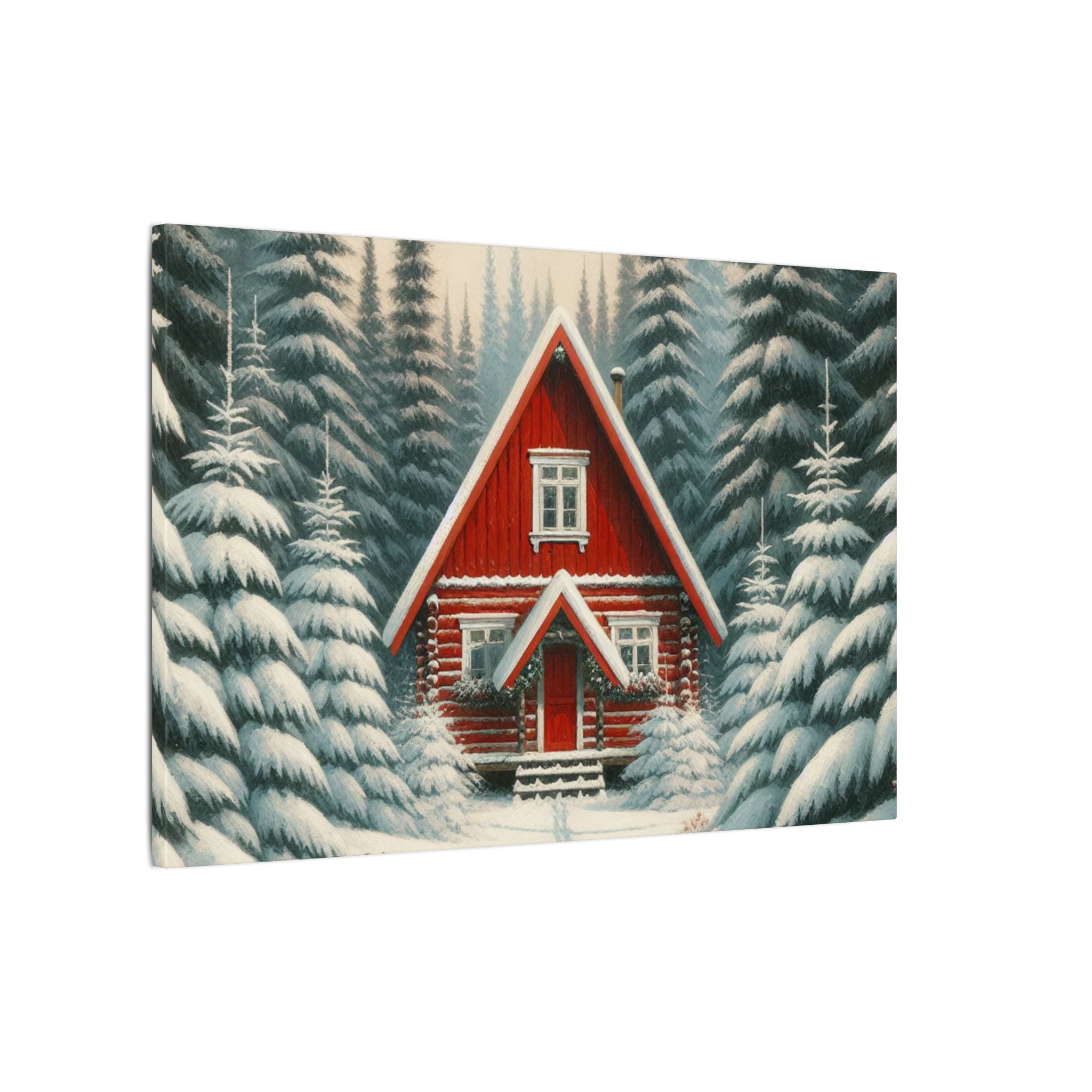 Red Cabin in Winter Forest Canvas