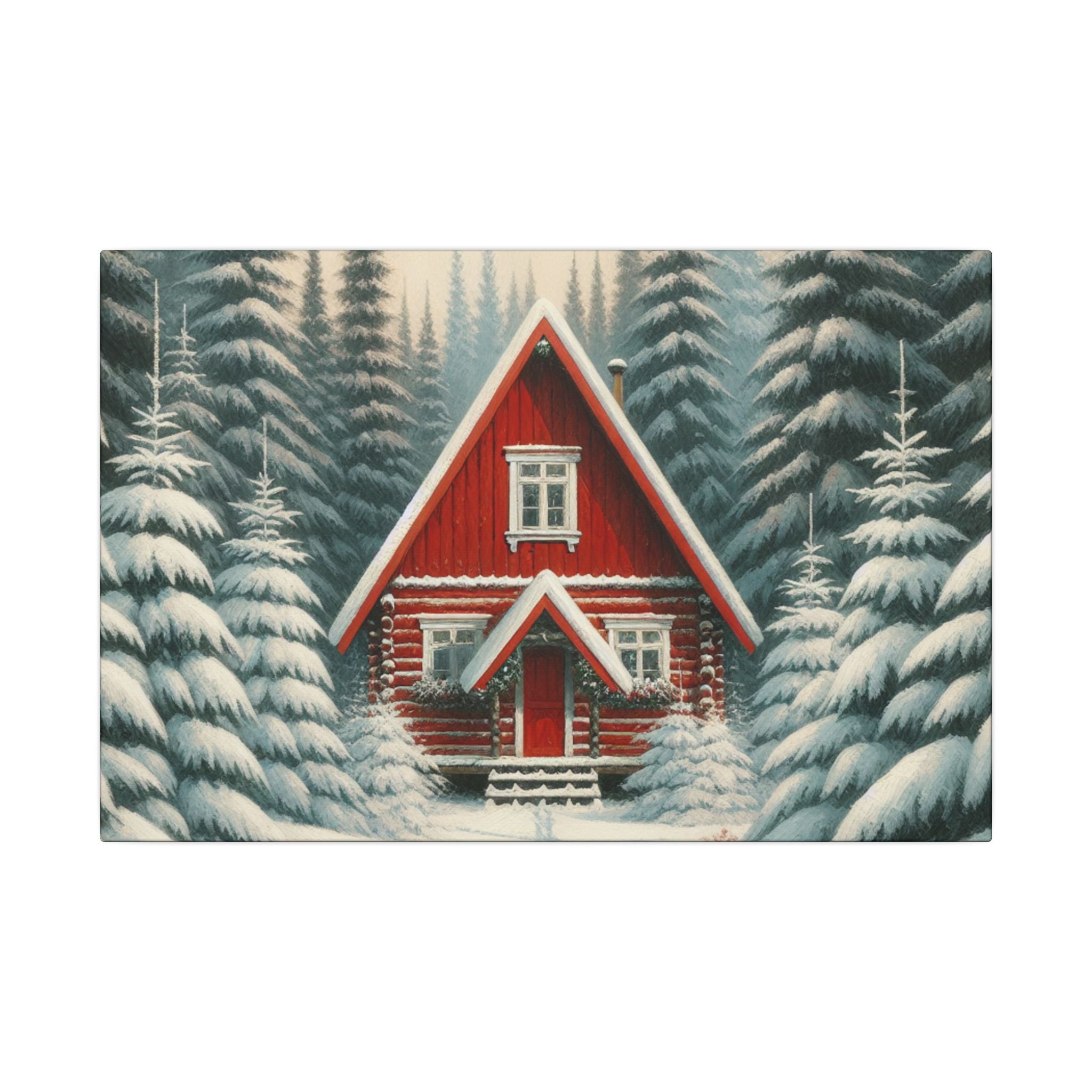 Red Cabin in Winter Forest Canvas