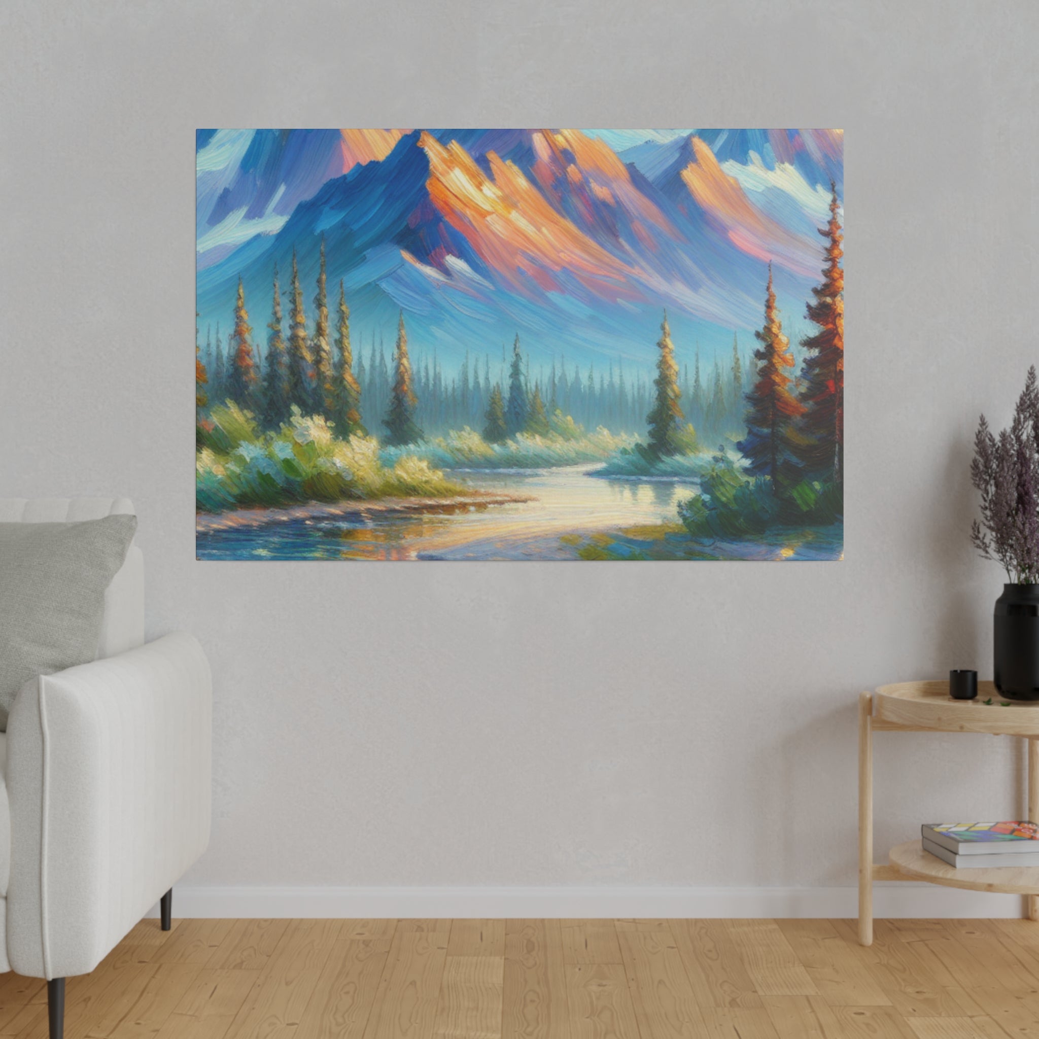 Majestic Peaks River Mountain Landscape Painting Canvas