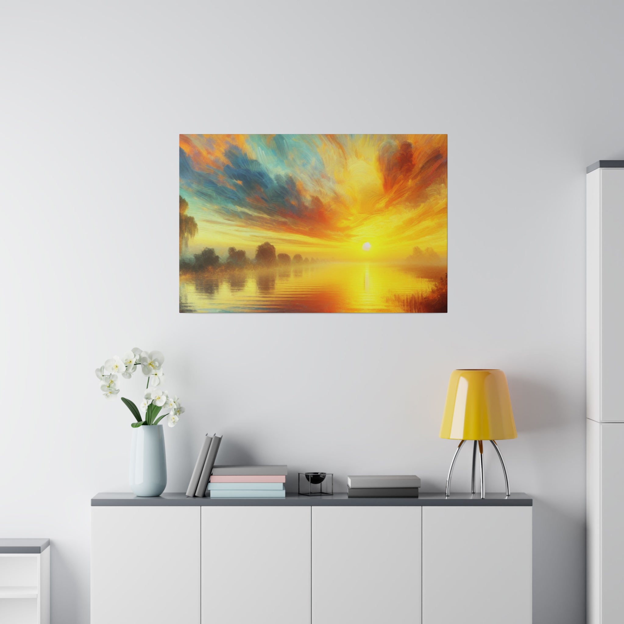 Tranquil Water Nature Sunrise Painting Canvas