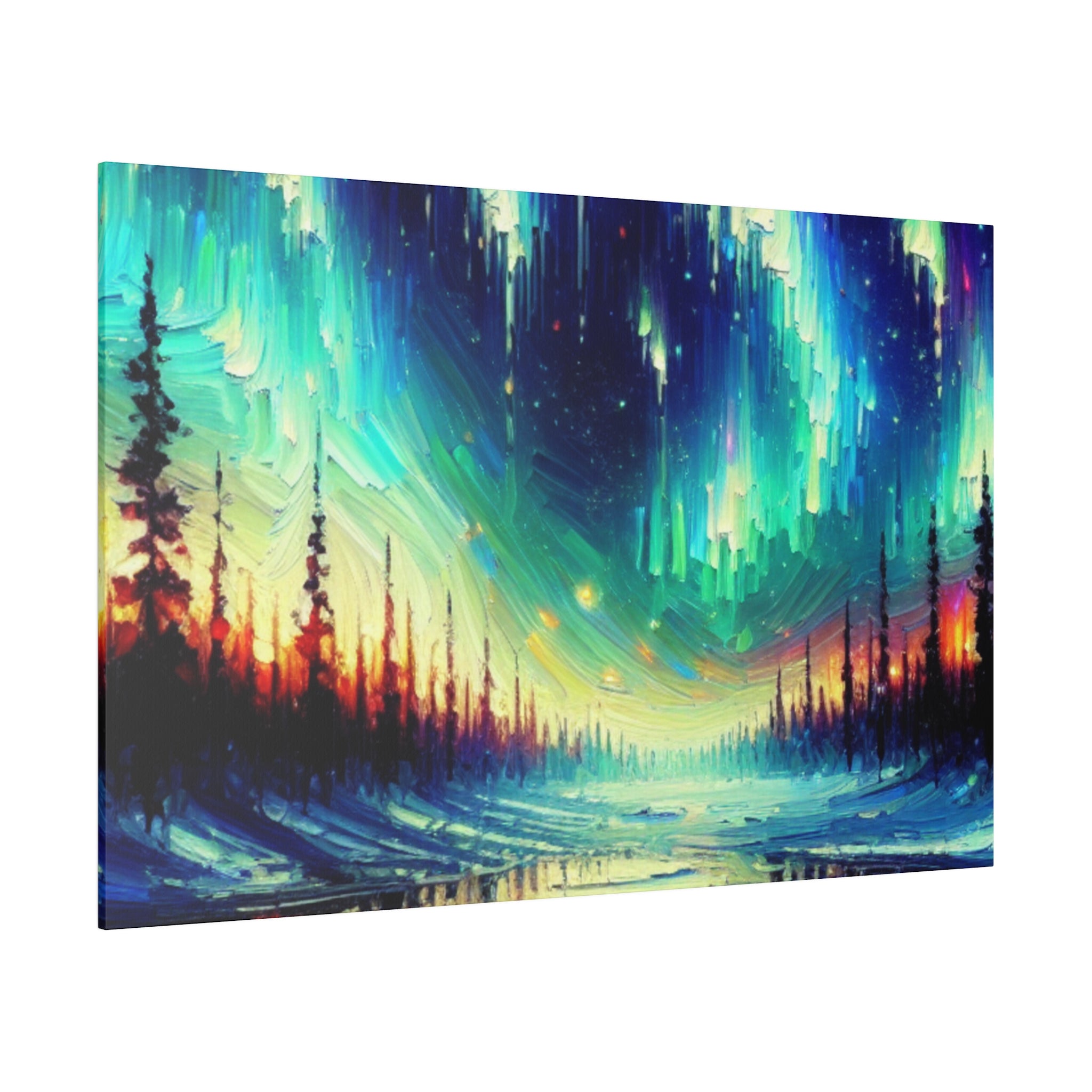 Northern Lights Painting | Northern Forest Sky Scene | Winter Artwork Canvas