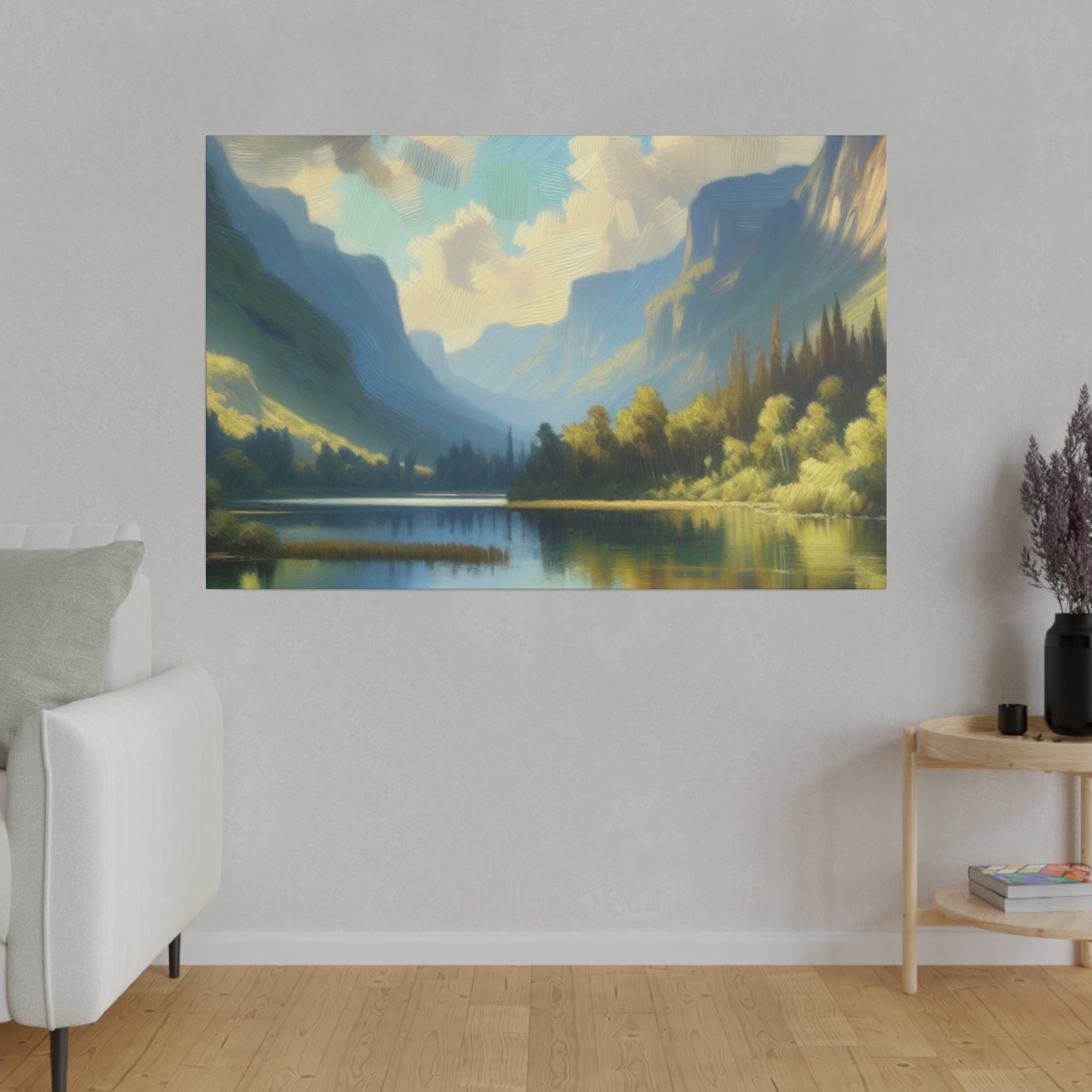 Serene Mountainous Still Water Lake Painting Canvas