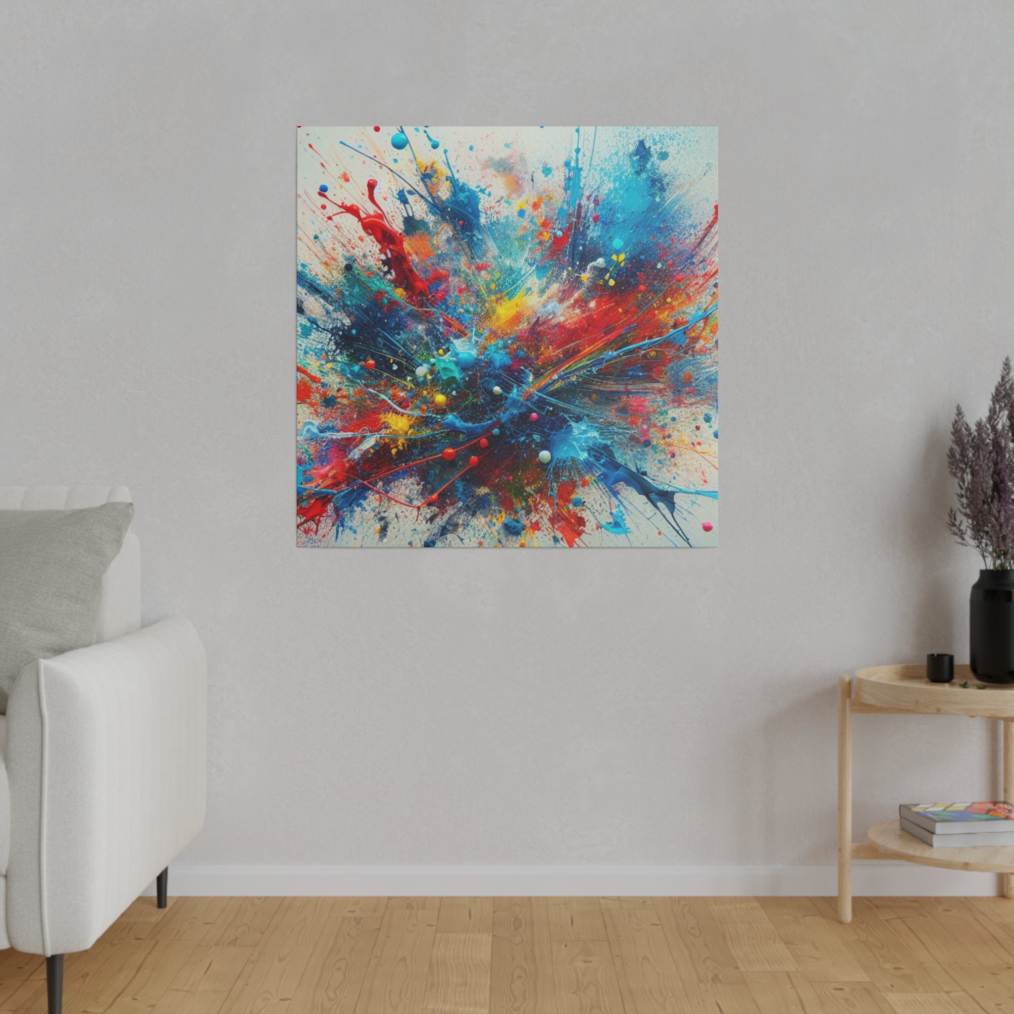 Bold Blue and Vibrant Red Splatter Explosion Abstract Wall Art Canvas