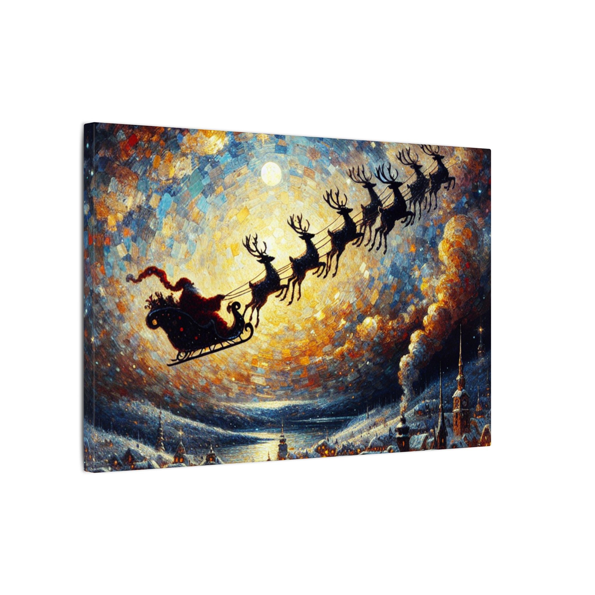 Santa’s Sleigh Over Village Canvas
