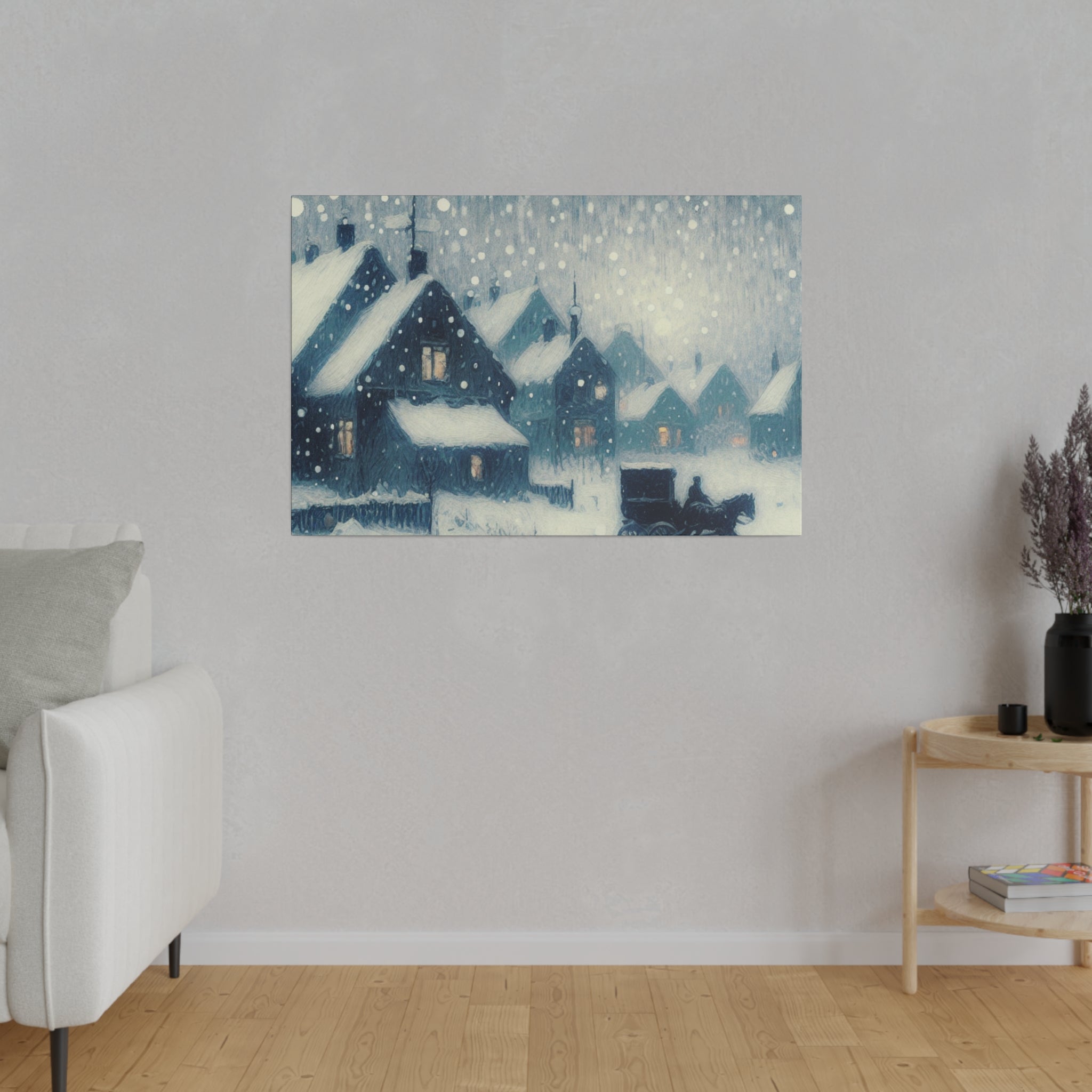 Snowy Village Snowscape Expressionist Artwork Winter Painting Canvas