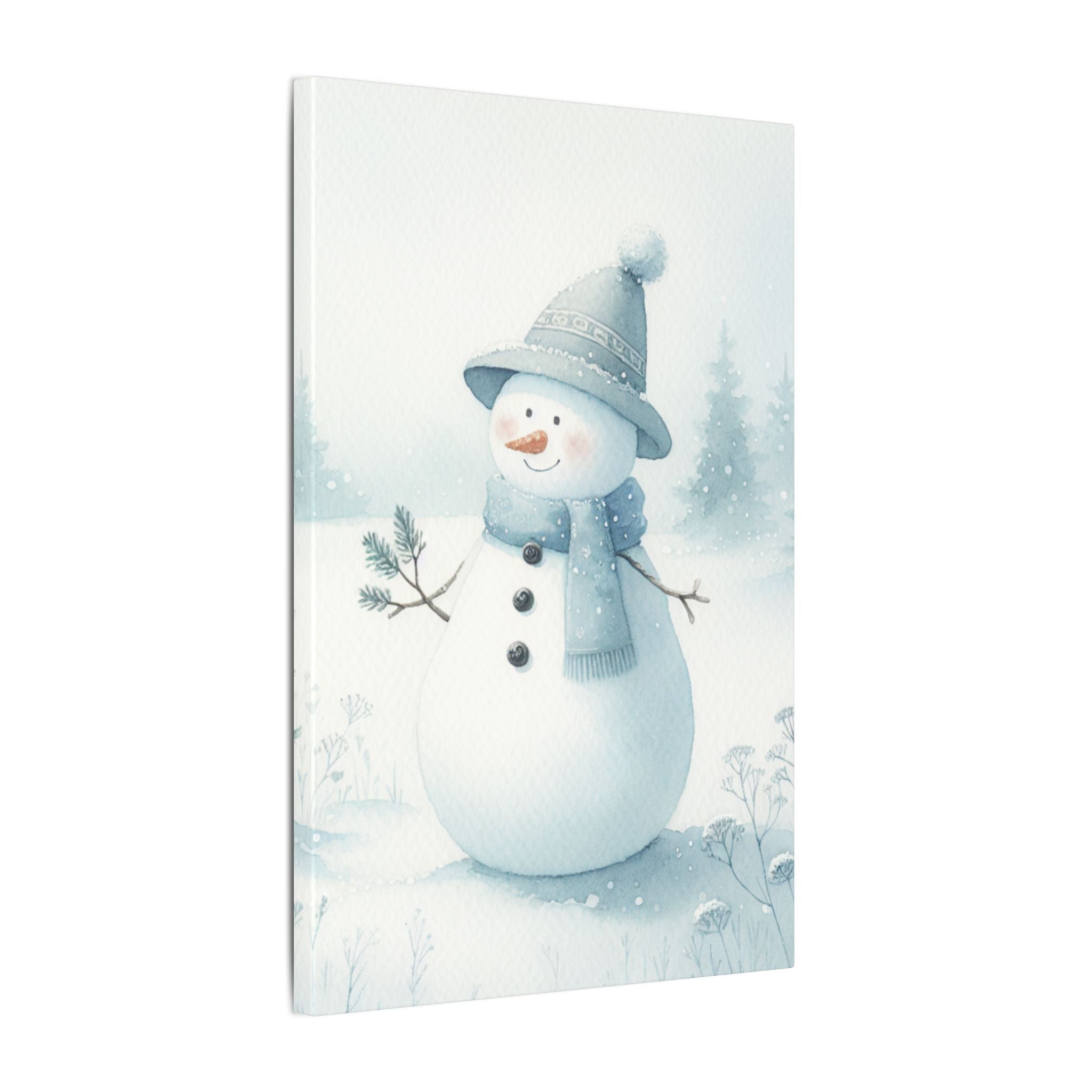 Snowman in a Winter Field Watercolor Canvas