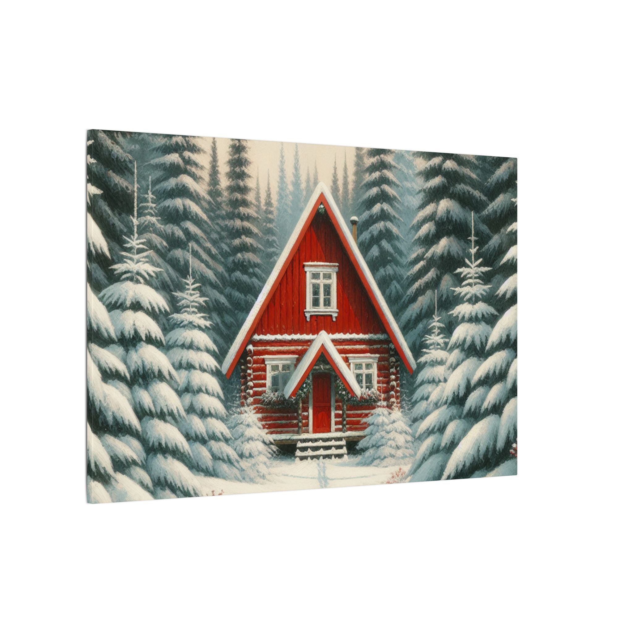 Red Cabin in Winter Forest Canvas