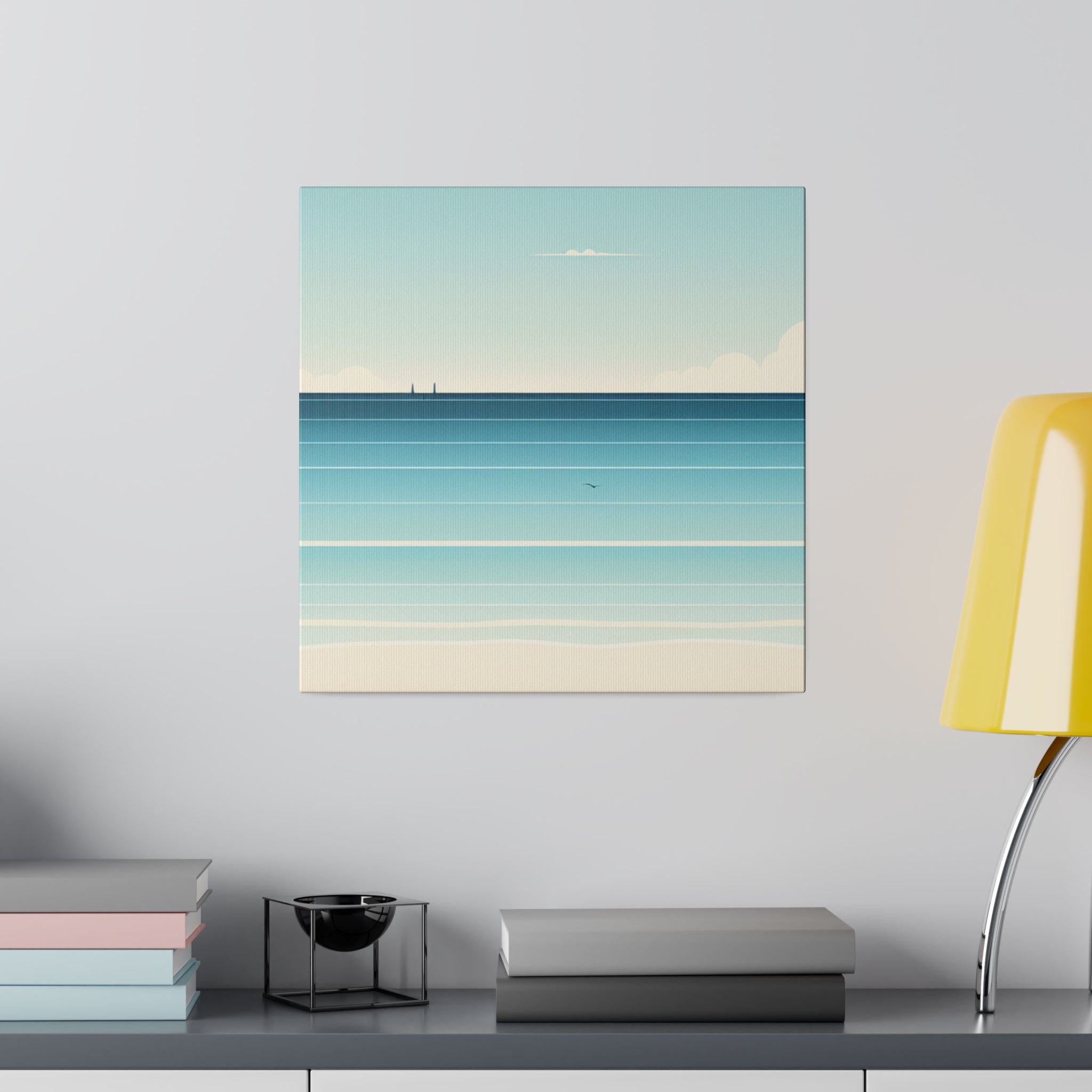 Blue Minimalist Coastal Landscape Beach Painting Canvas