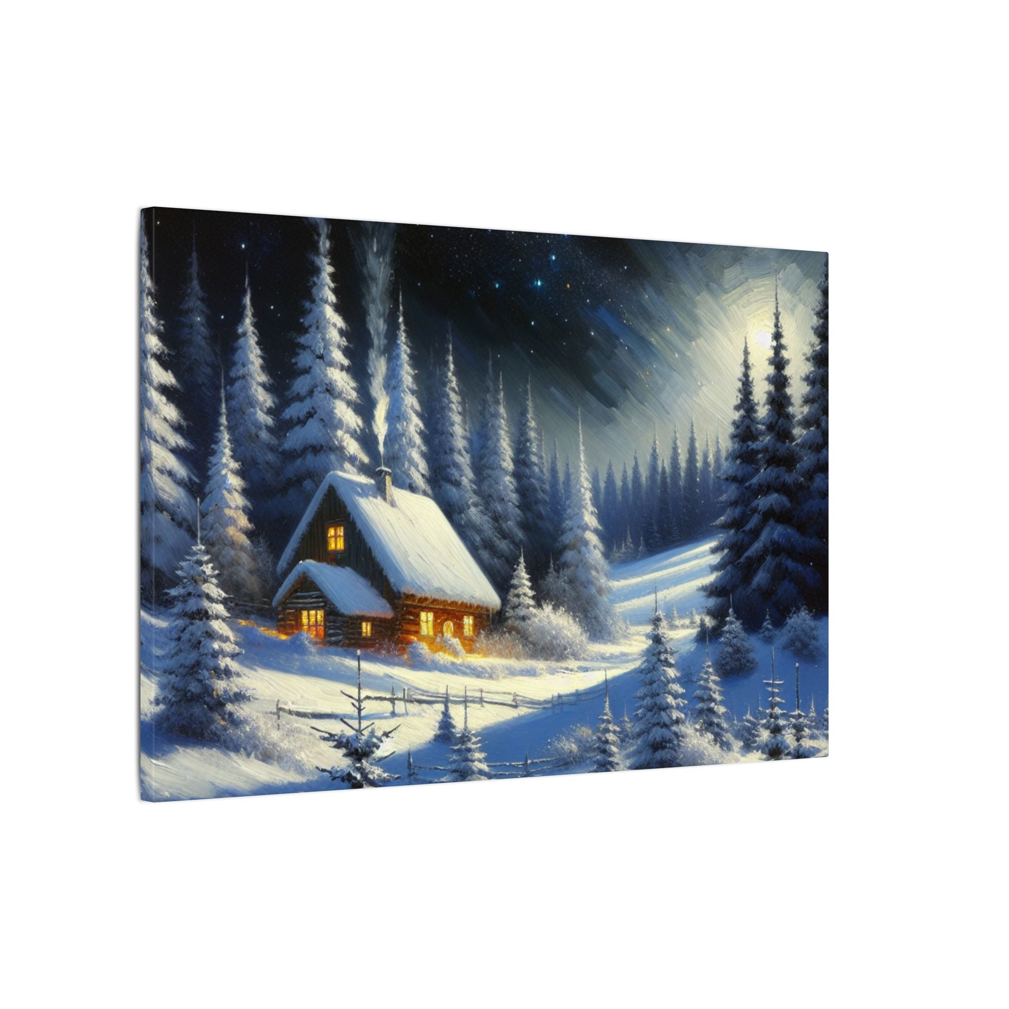 Snowy Cabin Lights Canvas