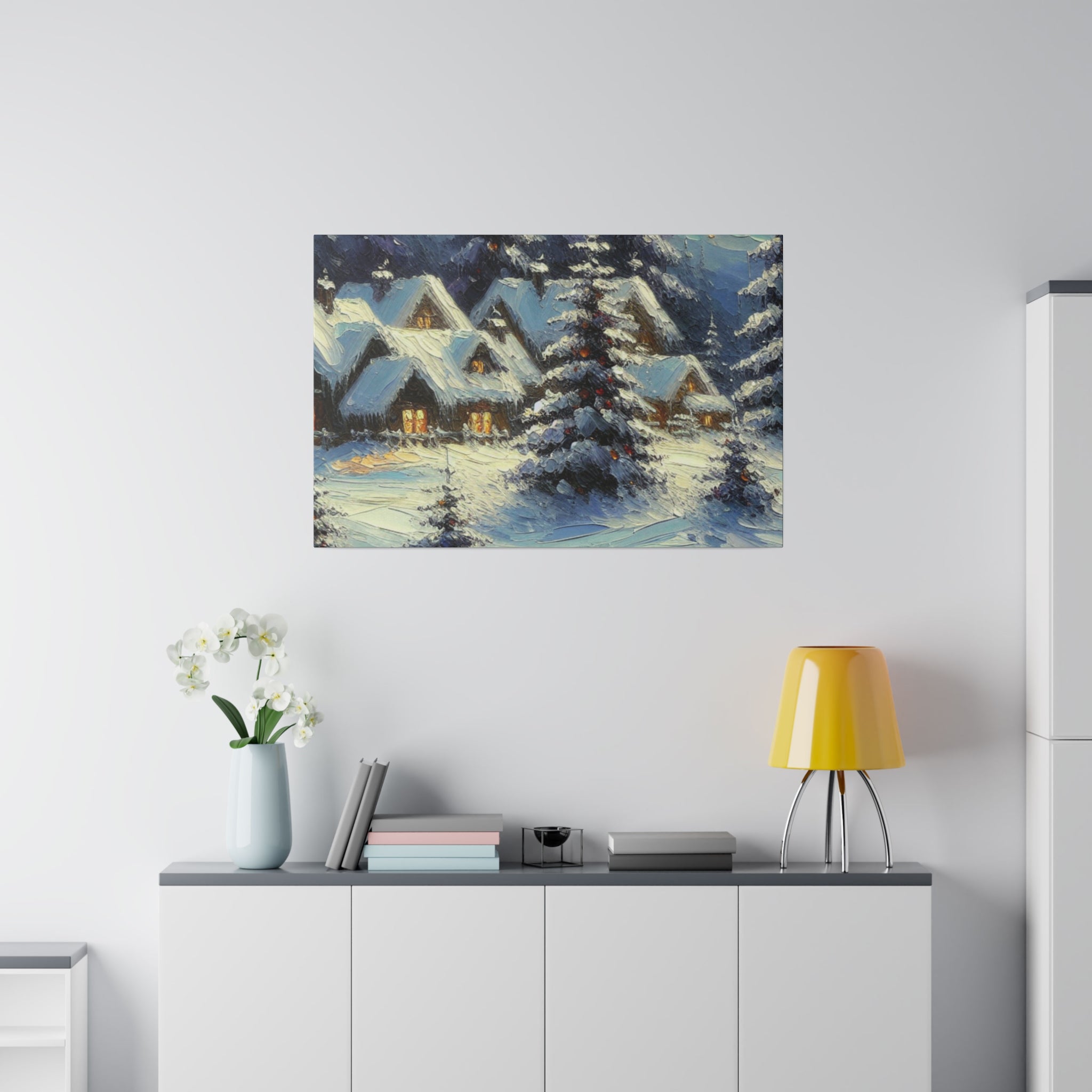 Cozy Cottages Expressionist Snowscape Winter Painting Canvas