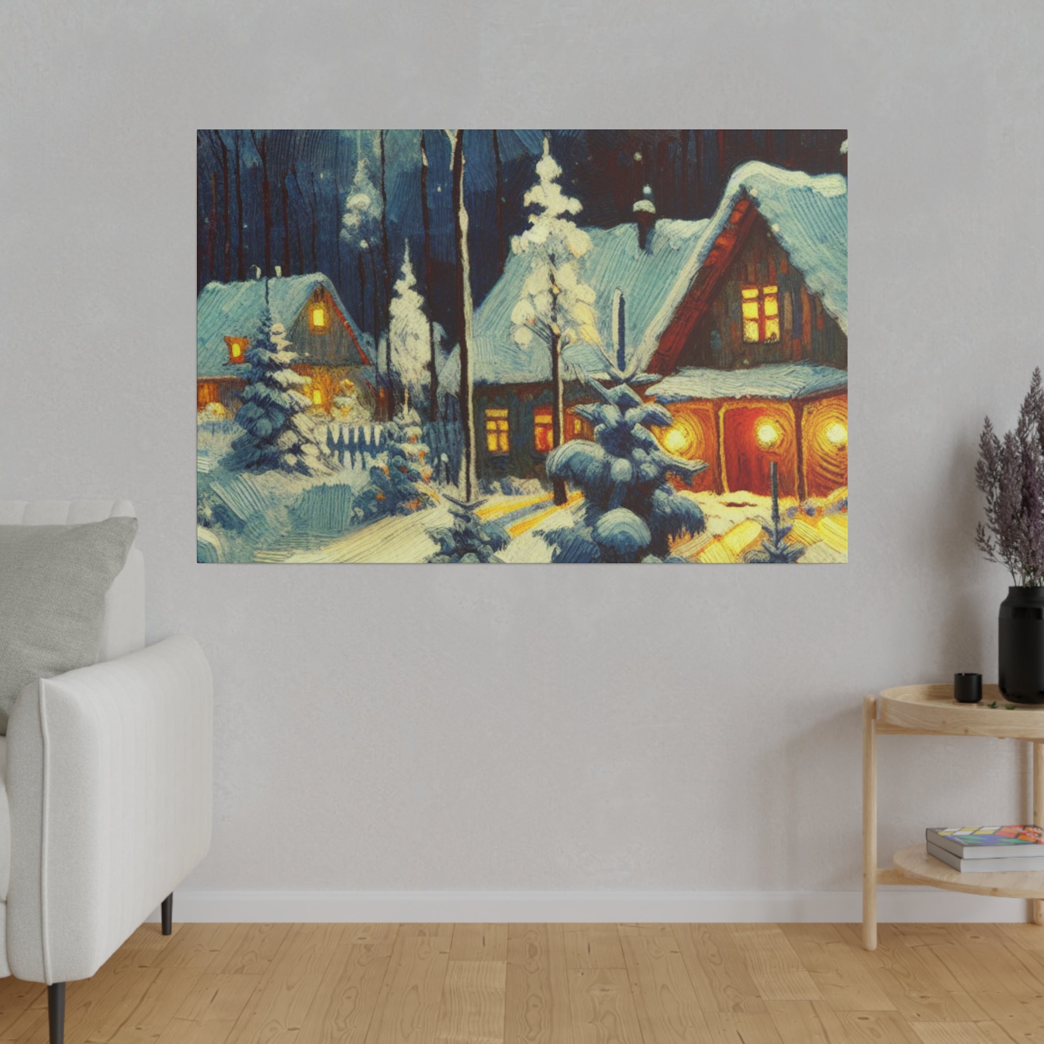 Warm Cabin Village Snowscape Winter Painting Canvas