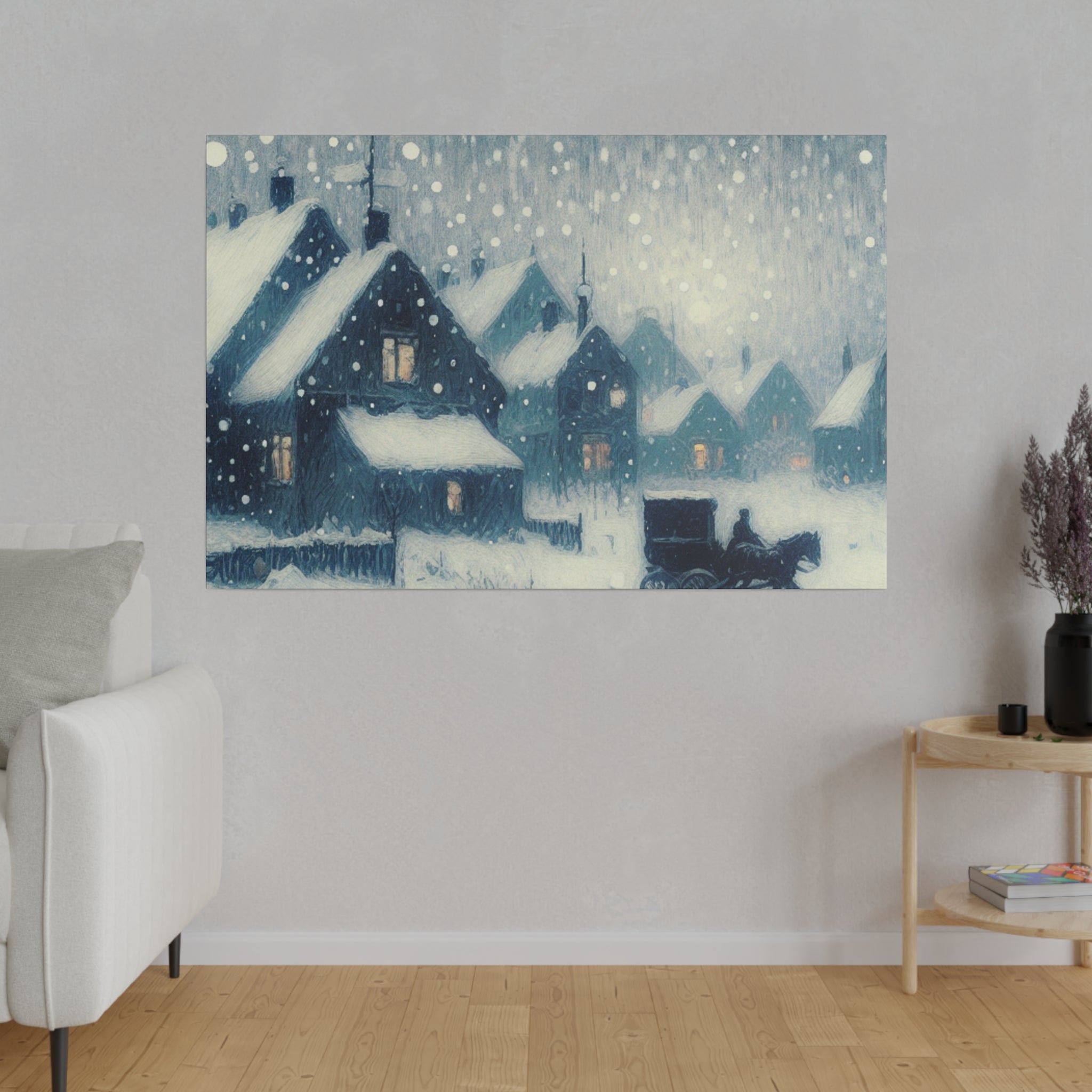 Snowy Village Snowscape Expressionist Artwork Winter Painting Canvas