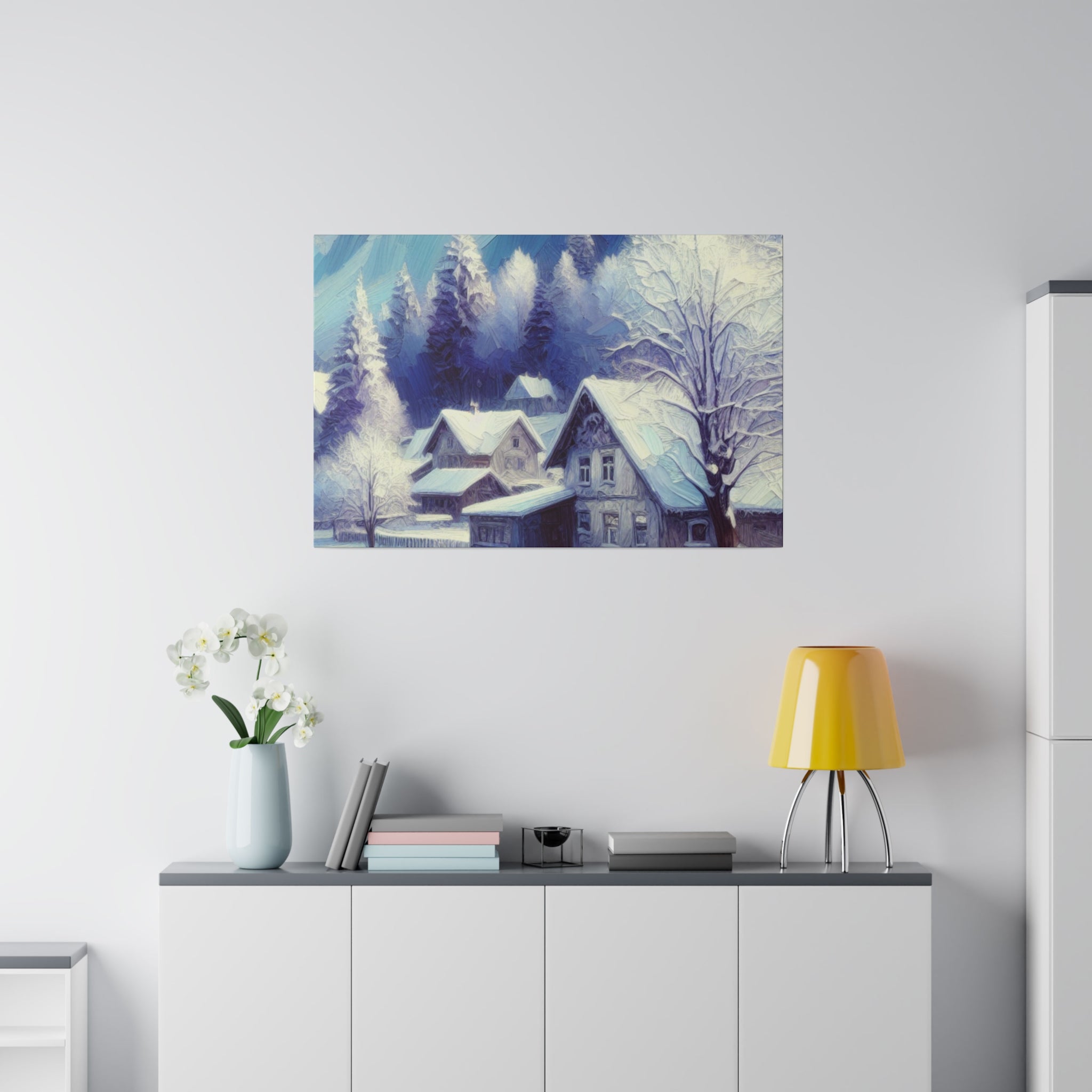 Winter Cabin Purple Blue Expressionist Winter Painting Canvas