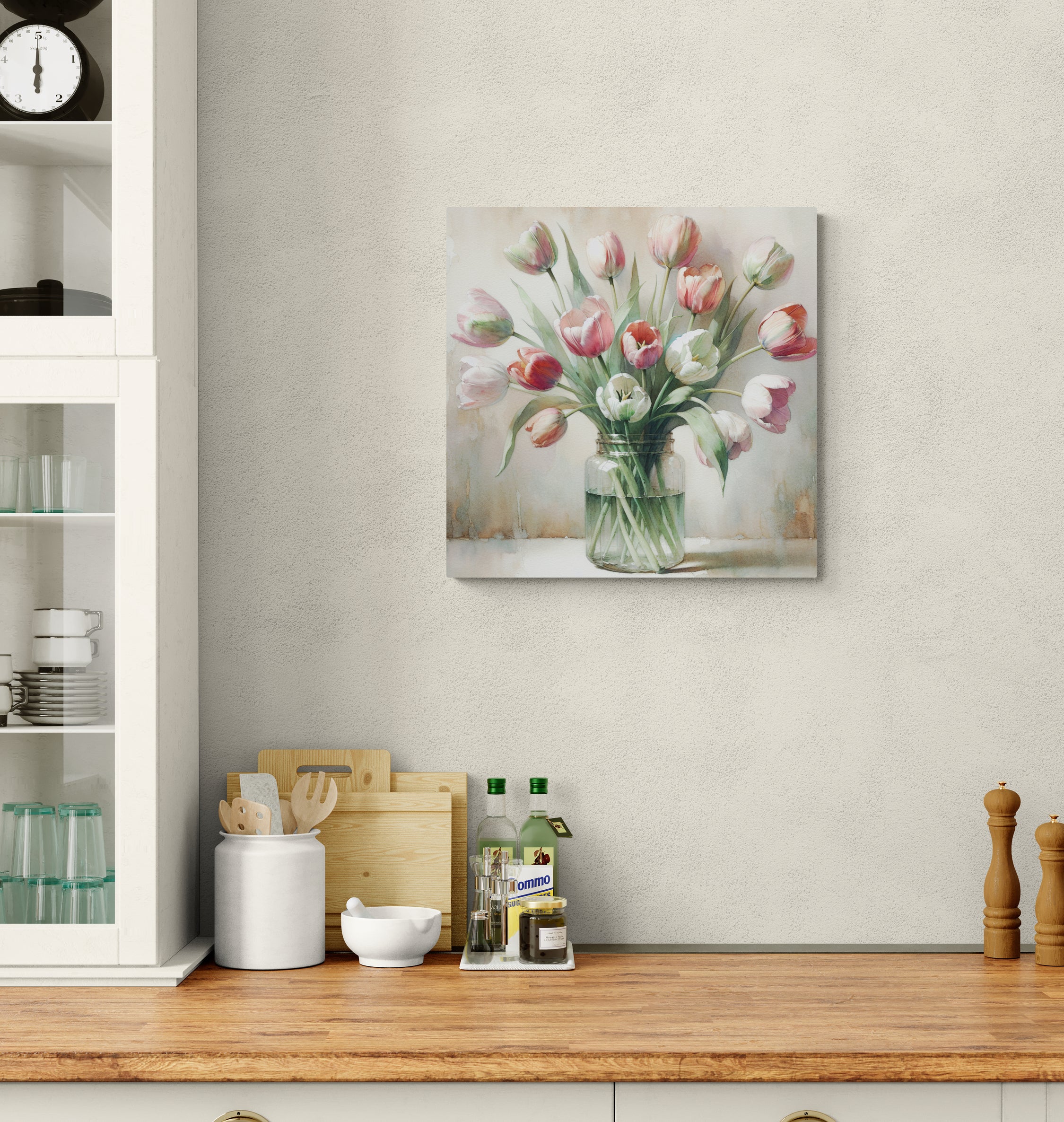 Tulips in Glass Jar Watercolor Canvas