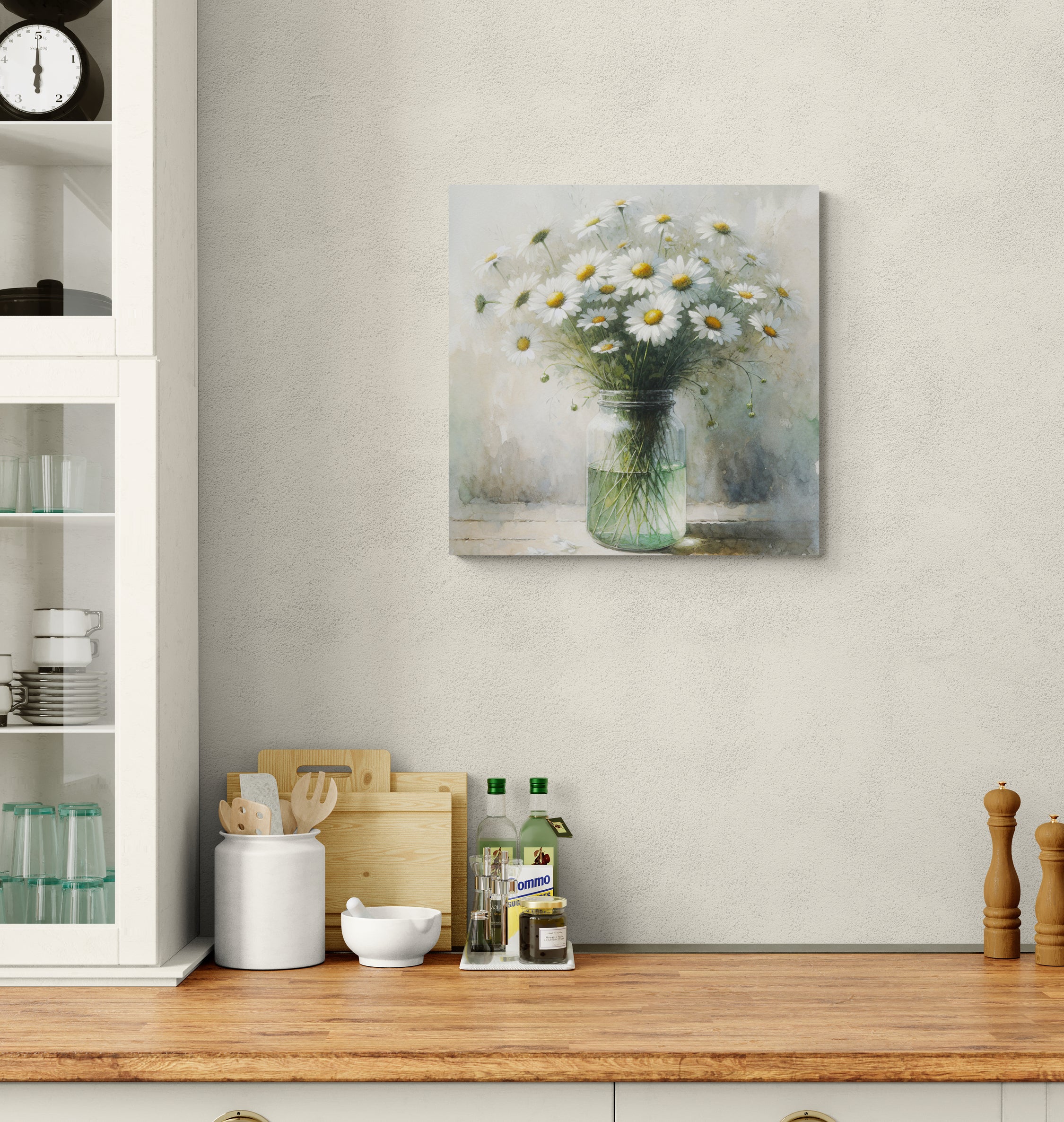 White Daisies in Jar Watercolor Canvas