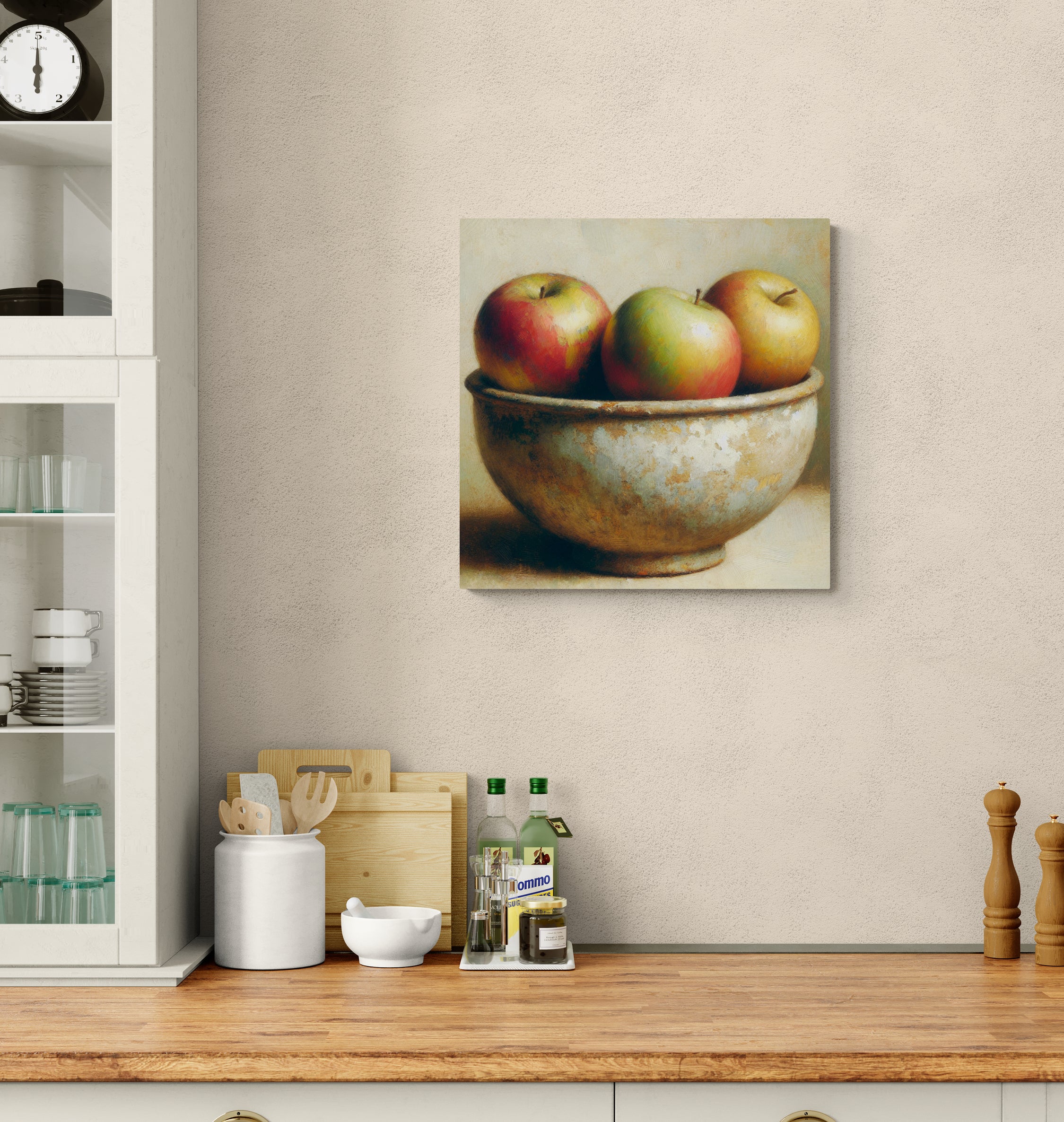 Three Apples in Rustic Bowl Canvas