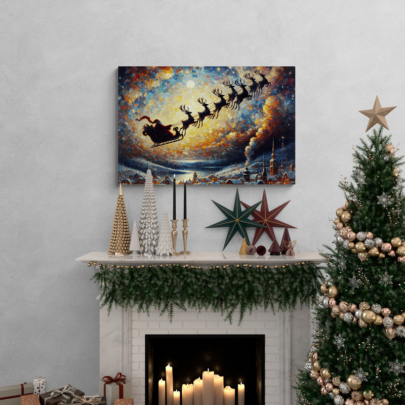 Santa’s Sleigh Over Village Canvas