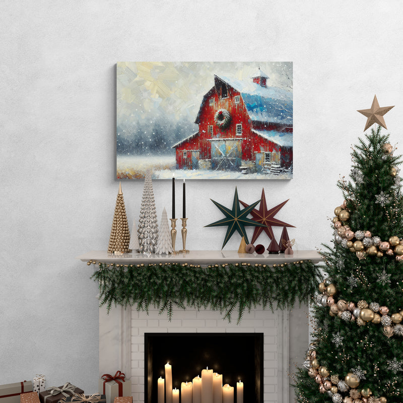 Rustic Red Christmas Barn Canvas