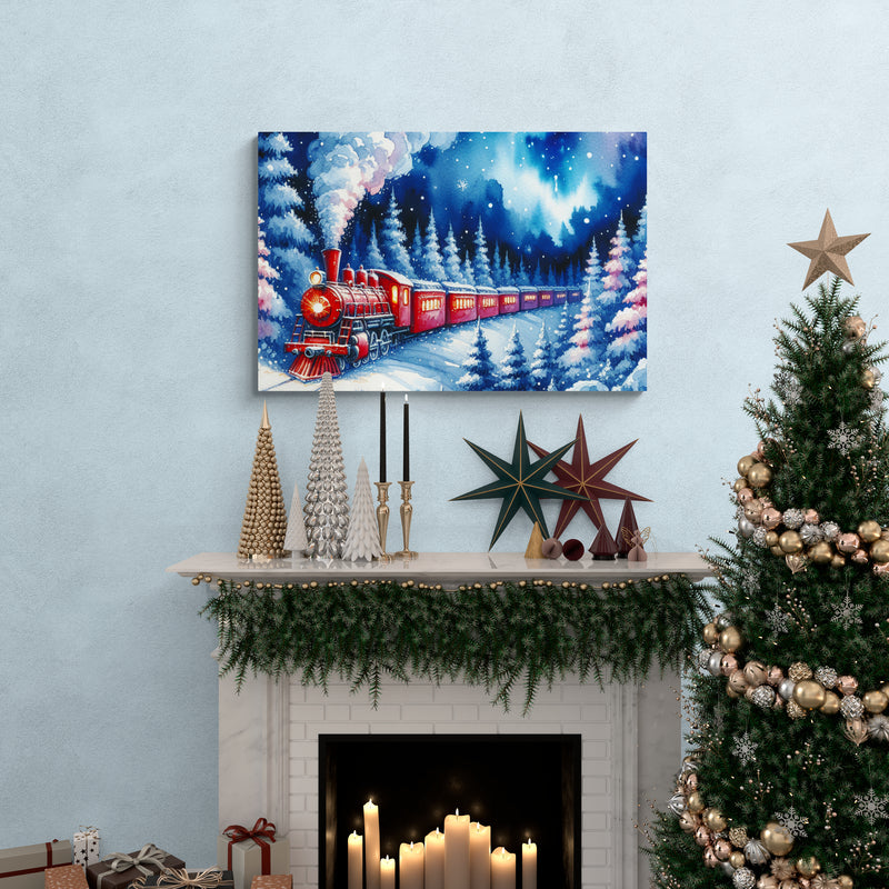 Red Train in Winter Night Forest Canvas