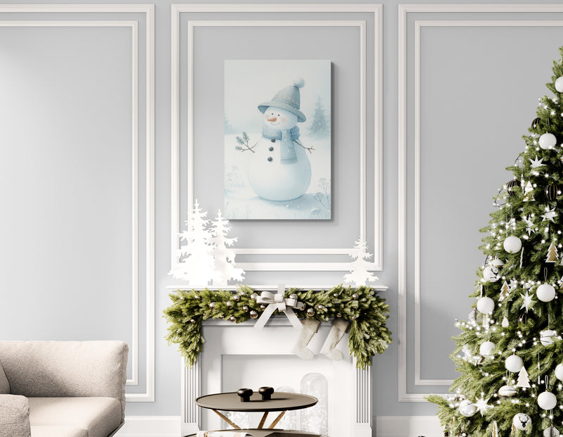 Snowman in a Winter Field Watercolor Canvas