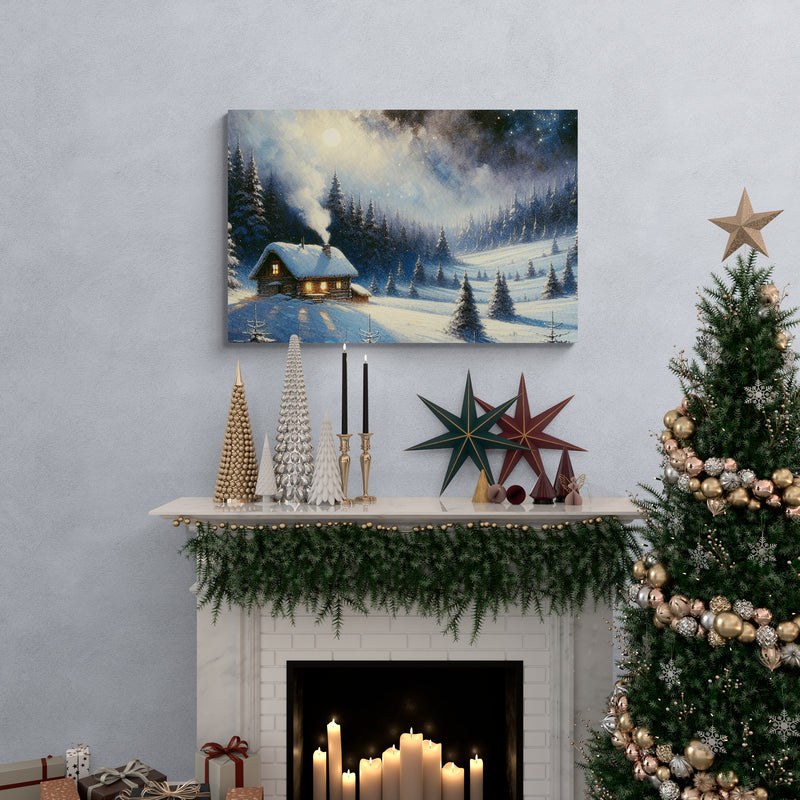 Cozy Cabin Winter Night Canvas