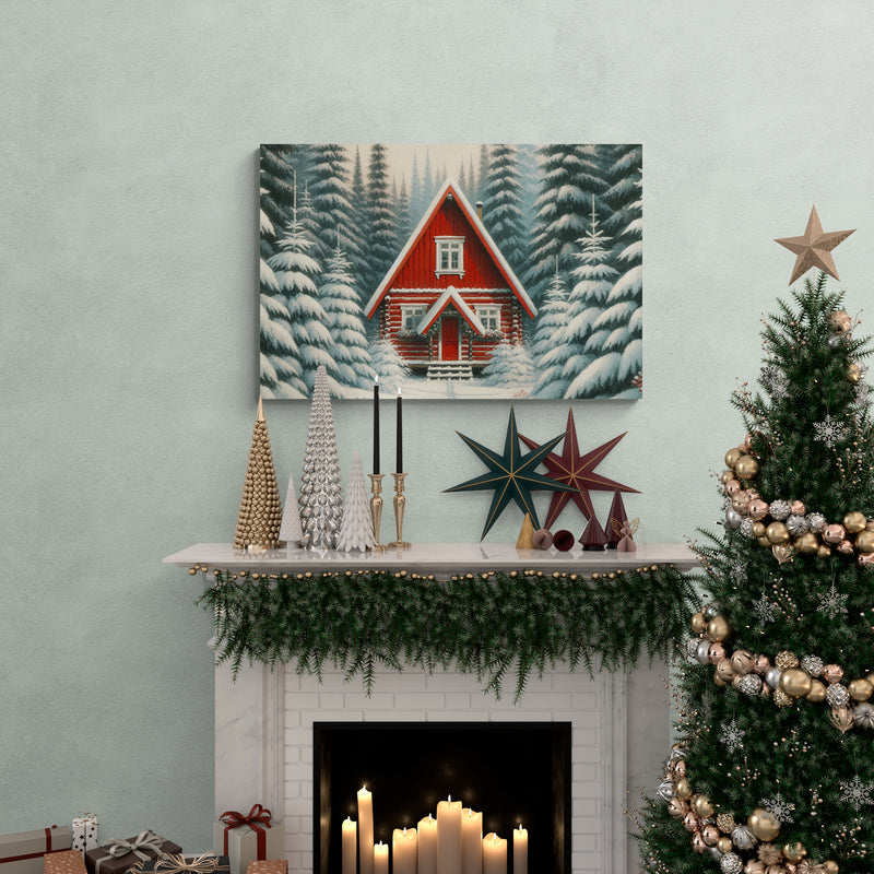 Red Cabin in Winter Forest Canvas
