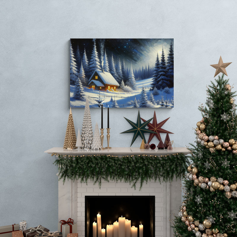 Snowy Cabin Lights Canvas