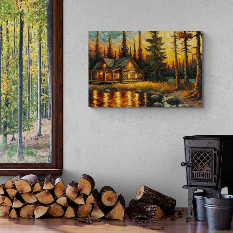 Lakeside Cabin Sunset Canvas