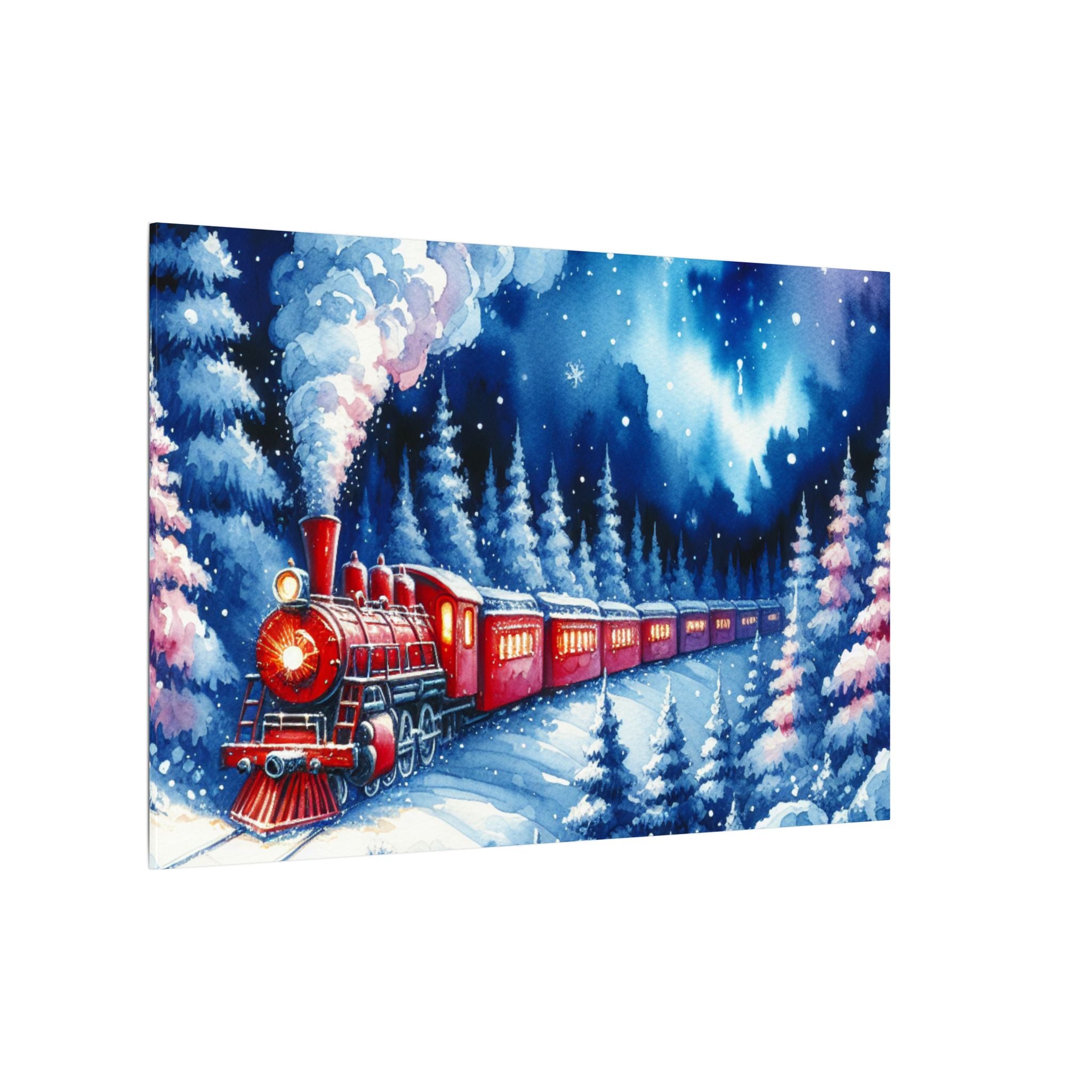 Red Train in Winter Night Forest Canvas