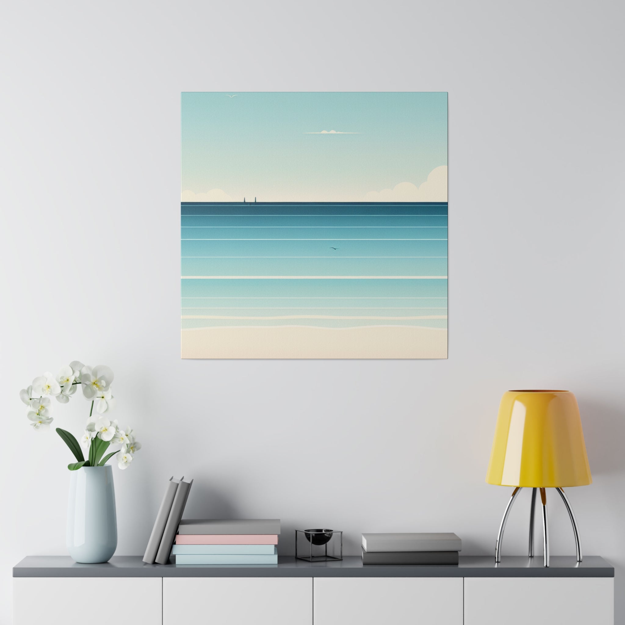 Blue Minimalist Coastal Landscape Beach Painting Canvas