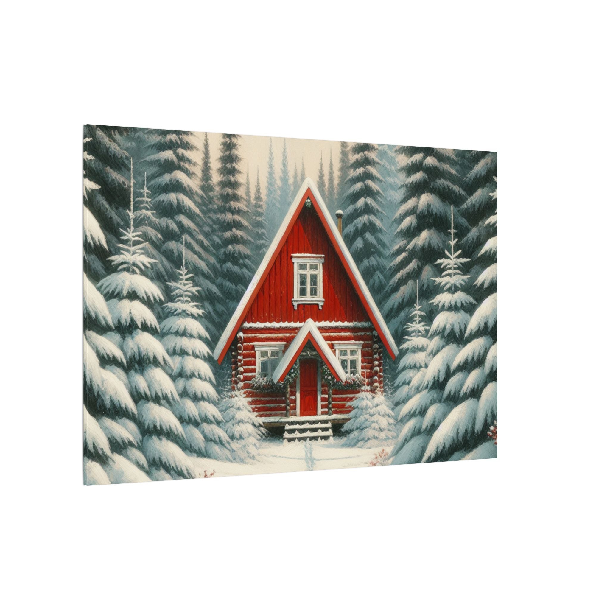 Red Cabin in Winter Forest Canvas